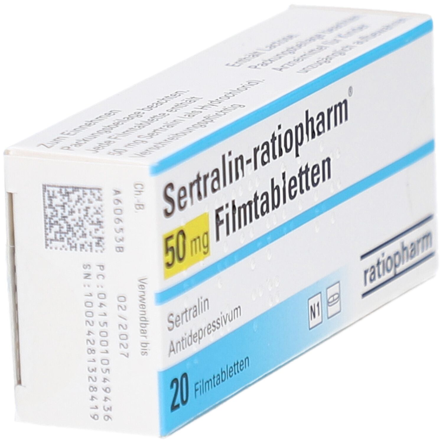 Schachtel mit Sertralin-ratiopharm 50 mg Filmtabletten. Rückseite mit Barcode und Informationen.