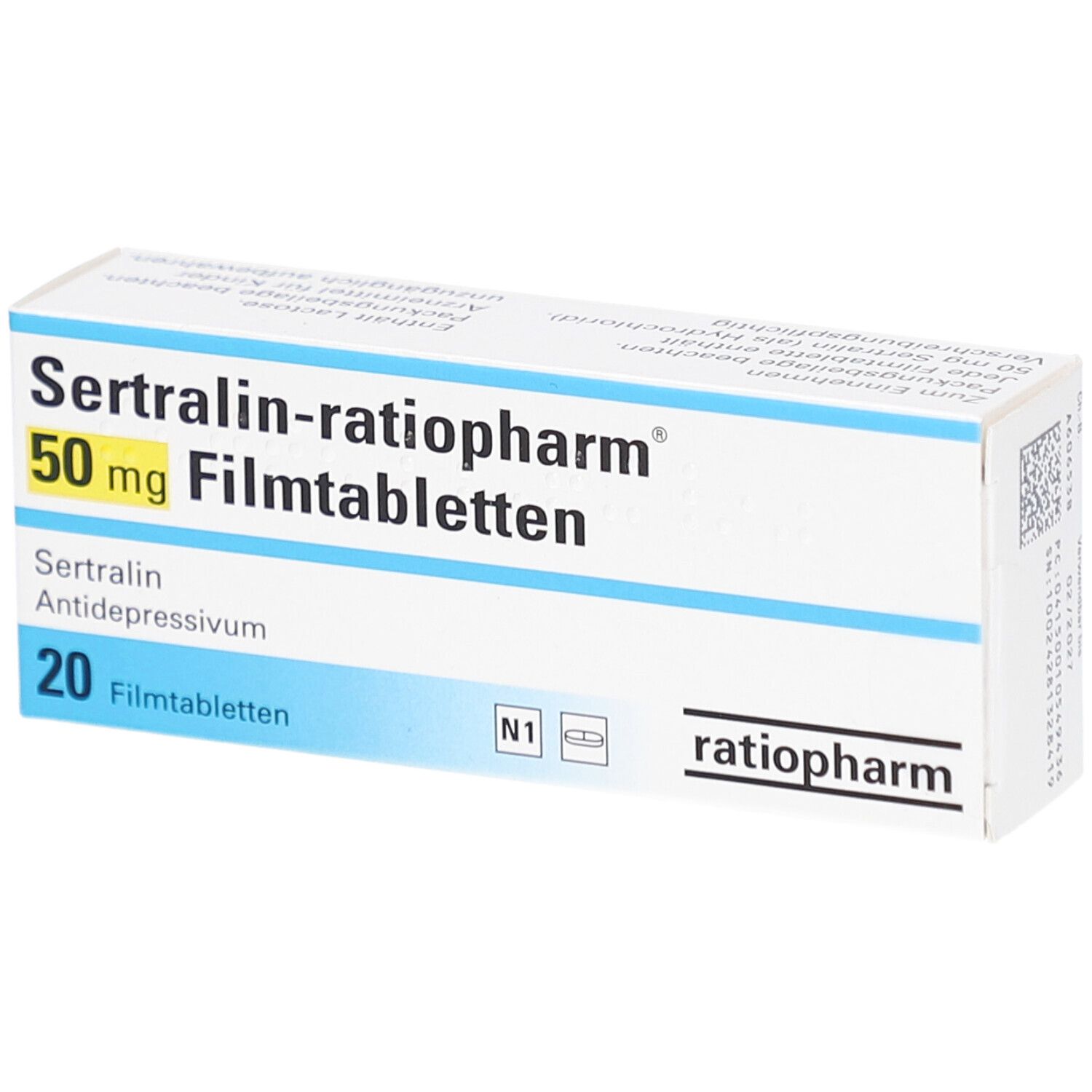 Schachtel mit Sertralin-ratiopharm 50 mg Filmtabletten. Aufschrift: 20 Filmtabletten, Antidepressivum.