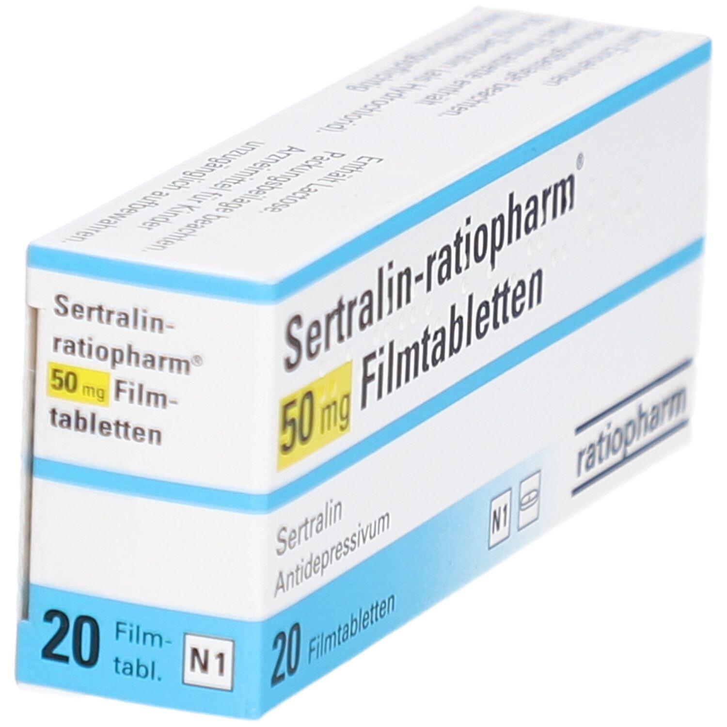 Schachtel mit Sertralin-ratiopharm 50 mg Filmtabletten. Aufschrift: 20 Filmtabletten, Antidepressivum.