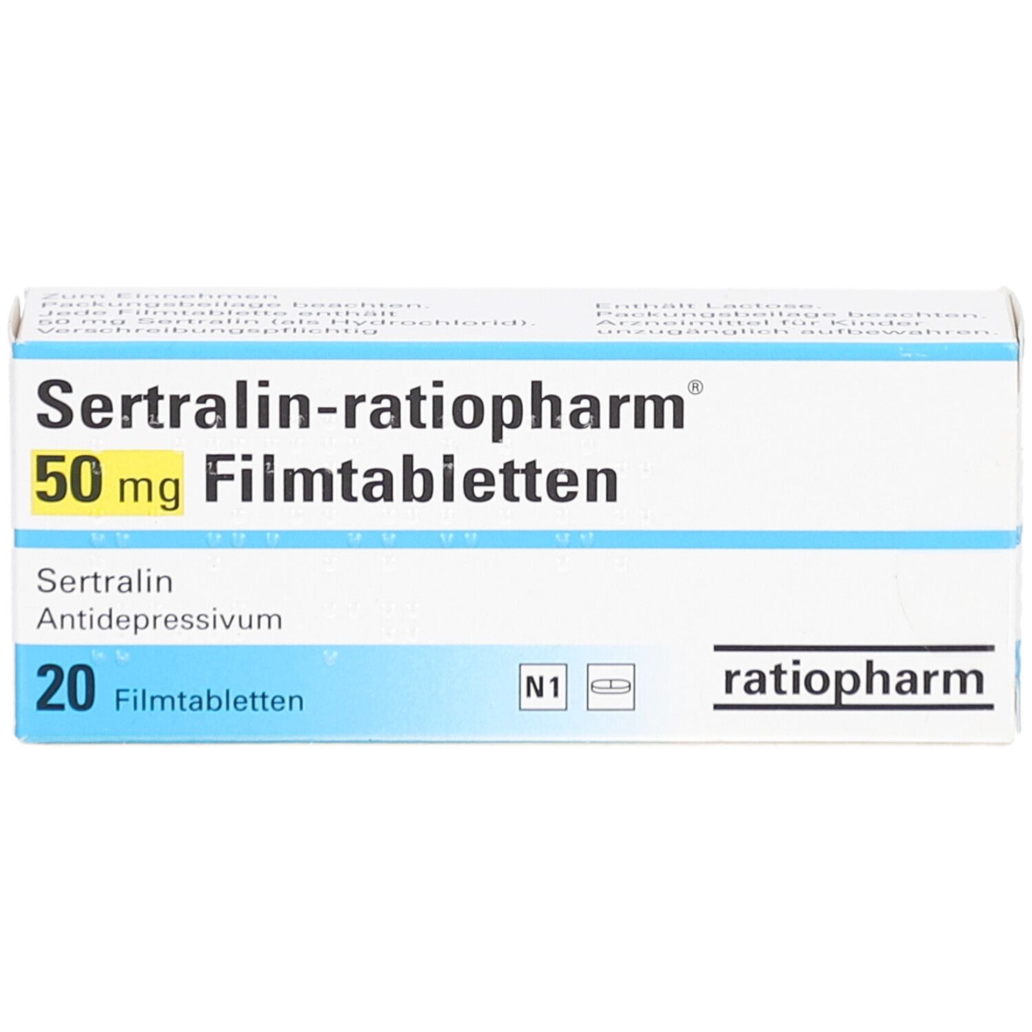 Schachtel mit Sertralin-ratiopharm 50 mg Filmtabletten. Aufschrift: 20 Filmtabletten, Antidepressivum.