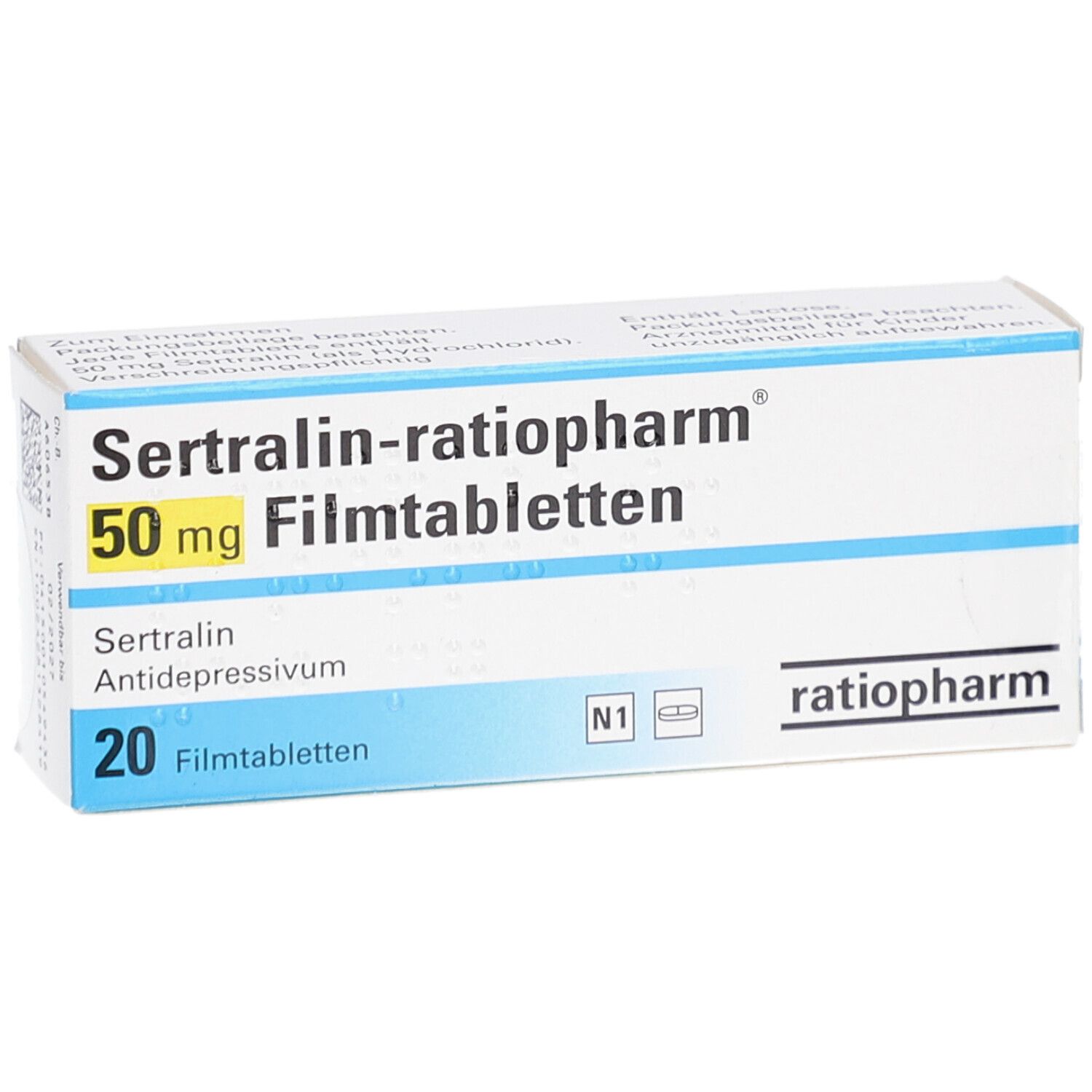 Schachtel mit Sertralin-ratiopharm 50 mg Filmtabletten. Aufschrift: 20 Filmtabletten, Antidepressivum.