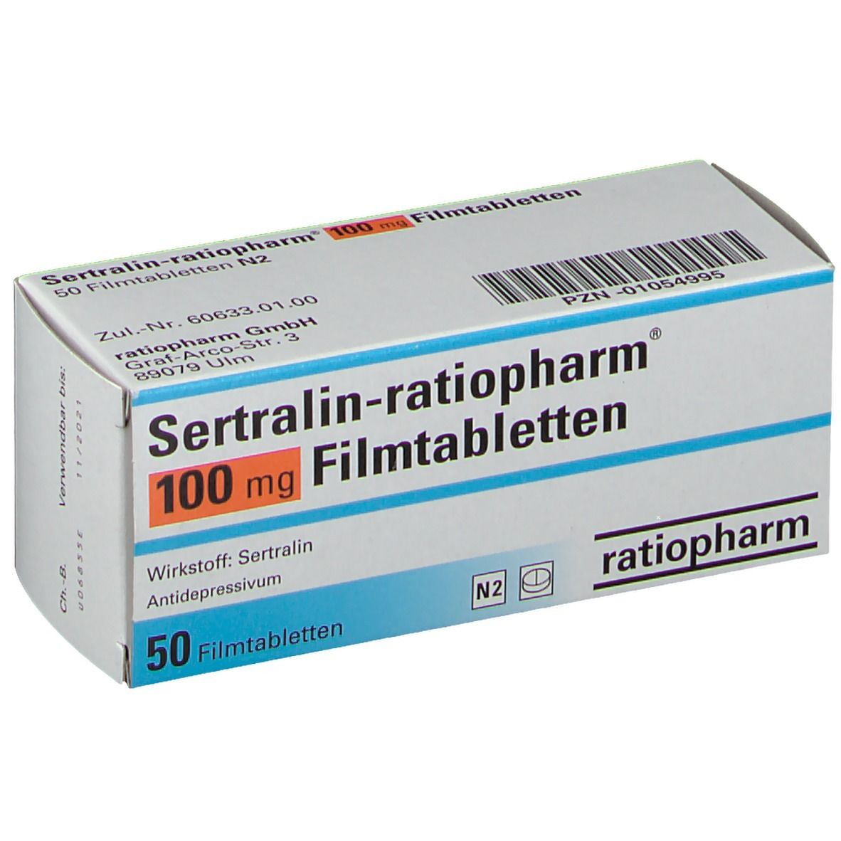 Schachtel SERTRALIN ratiopharm® 100 mg Filmtabletten. Weiß, blau und orangefarbene Schrift. 50 Filmtabletten. ratiopharm Logo.