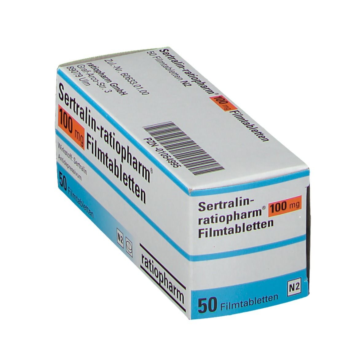 Schachtel SERTRALIN ratiopharm® 100 mg Filmtabletten. Weiß, blau und orangefarbene Schrift. 50 Filmtabletten. ratiopharm Logo.