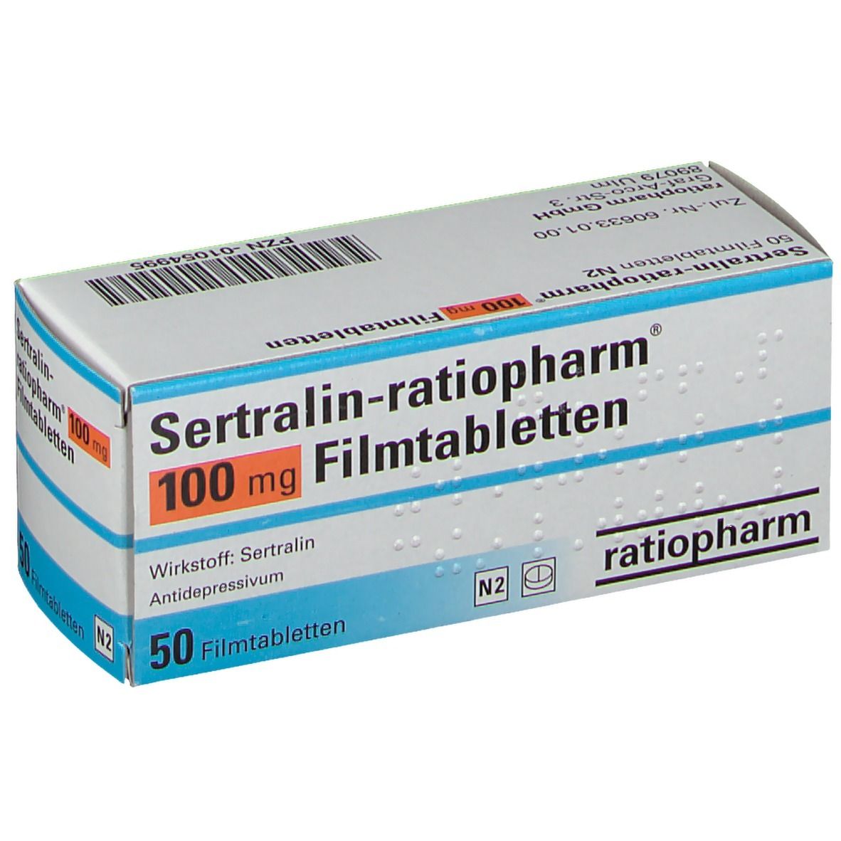 Schachtel SERTRALIN ratiopharm® 100 mg Filmtabletten. Weiß, blau und orangefarbene Schrift. 50 Filmtabletten. ratiopharm Logo.