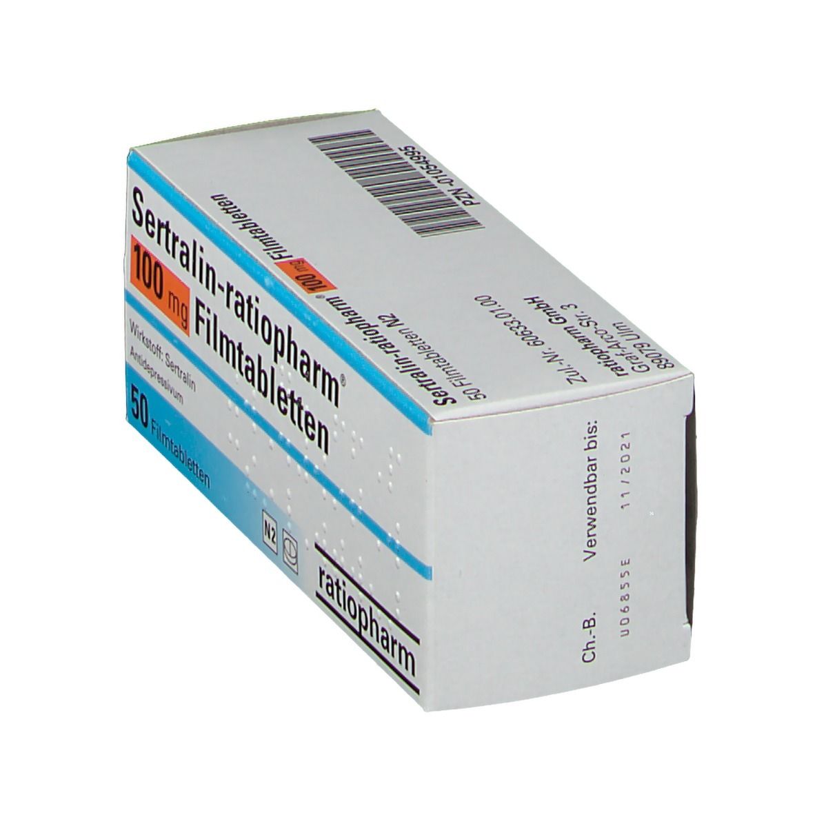 Schachtel SERTRALIN ratiopharm® 100 mg Filmtabletten. Weiß, blau und orangefarbene Schrift. 50 Filmtabletten. ratiopharm Logo.