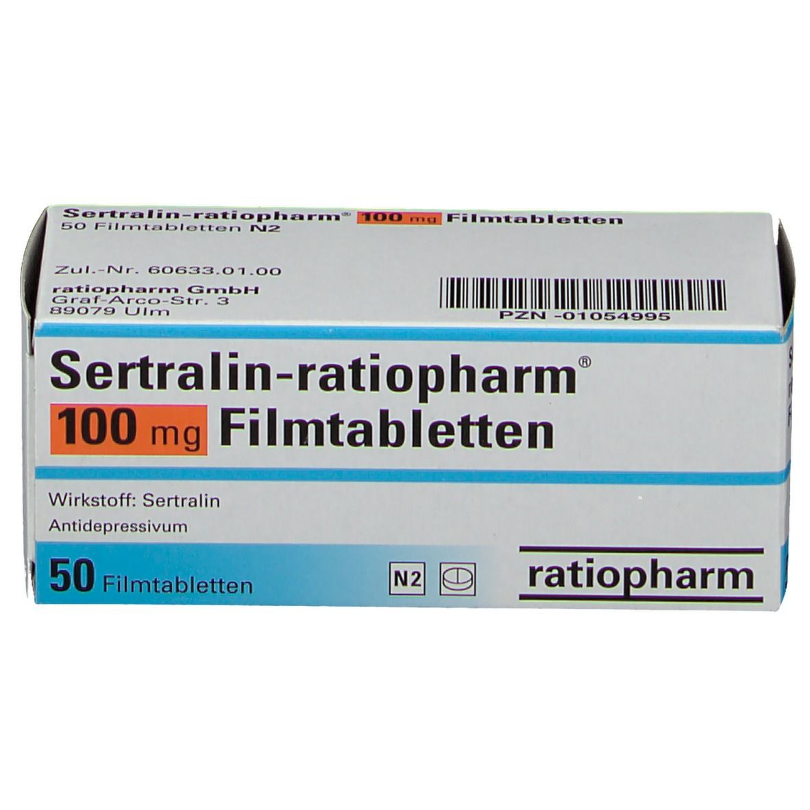 Schachtel SERTRALIN ratiopharm® 100 mg Filmtabletten. Weiß, blau und orangefarbene Schrift. 50 Filmtabletten. ratiopharm Logo.