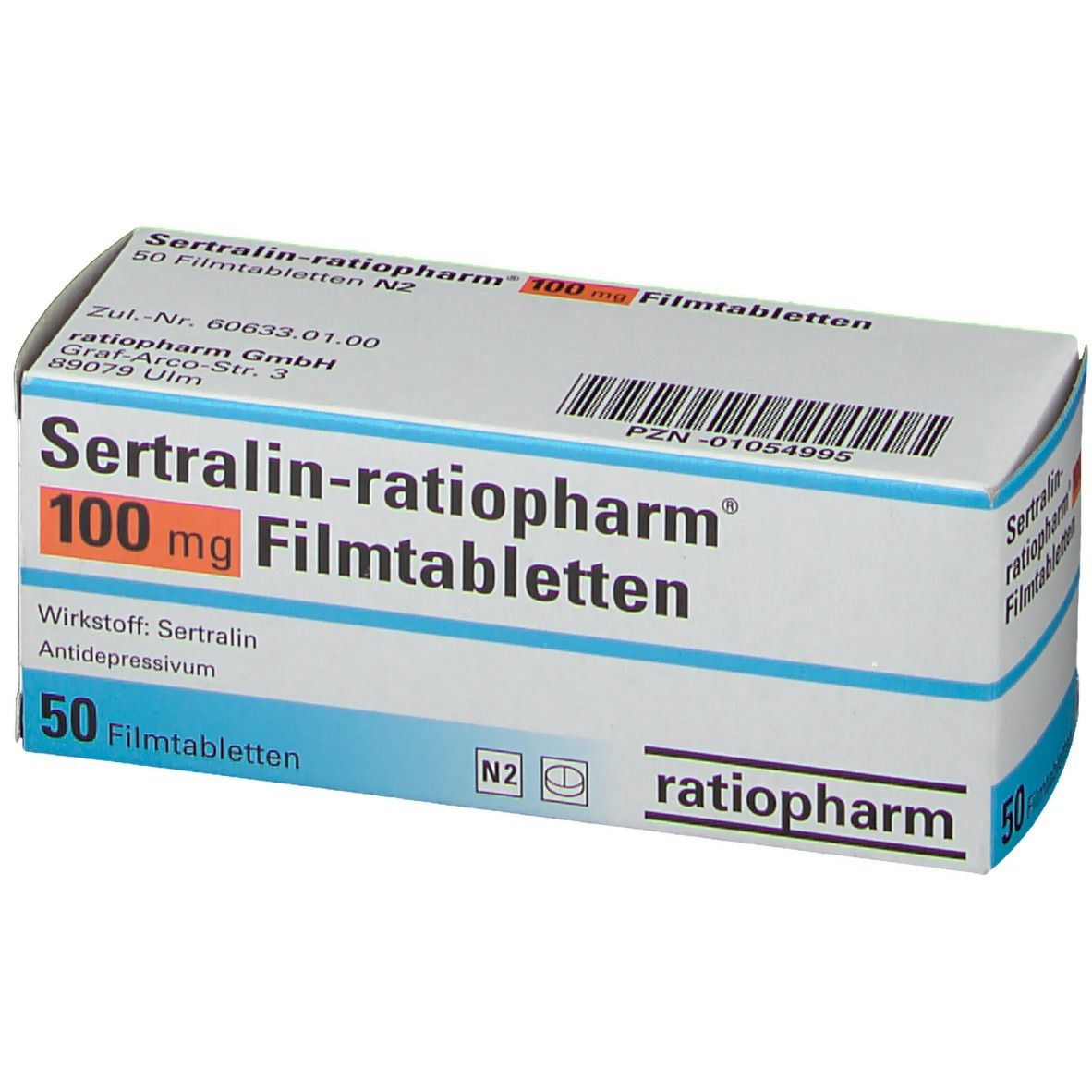 Schachtel SERTRALIN ratiopharm® 100 mg Filmtabletten. Weiß, blau und orangefarbene Schrift. 50 Filmtabletten. ratiopharm Logo.