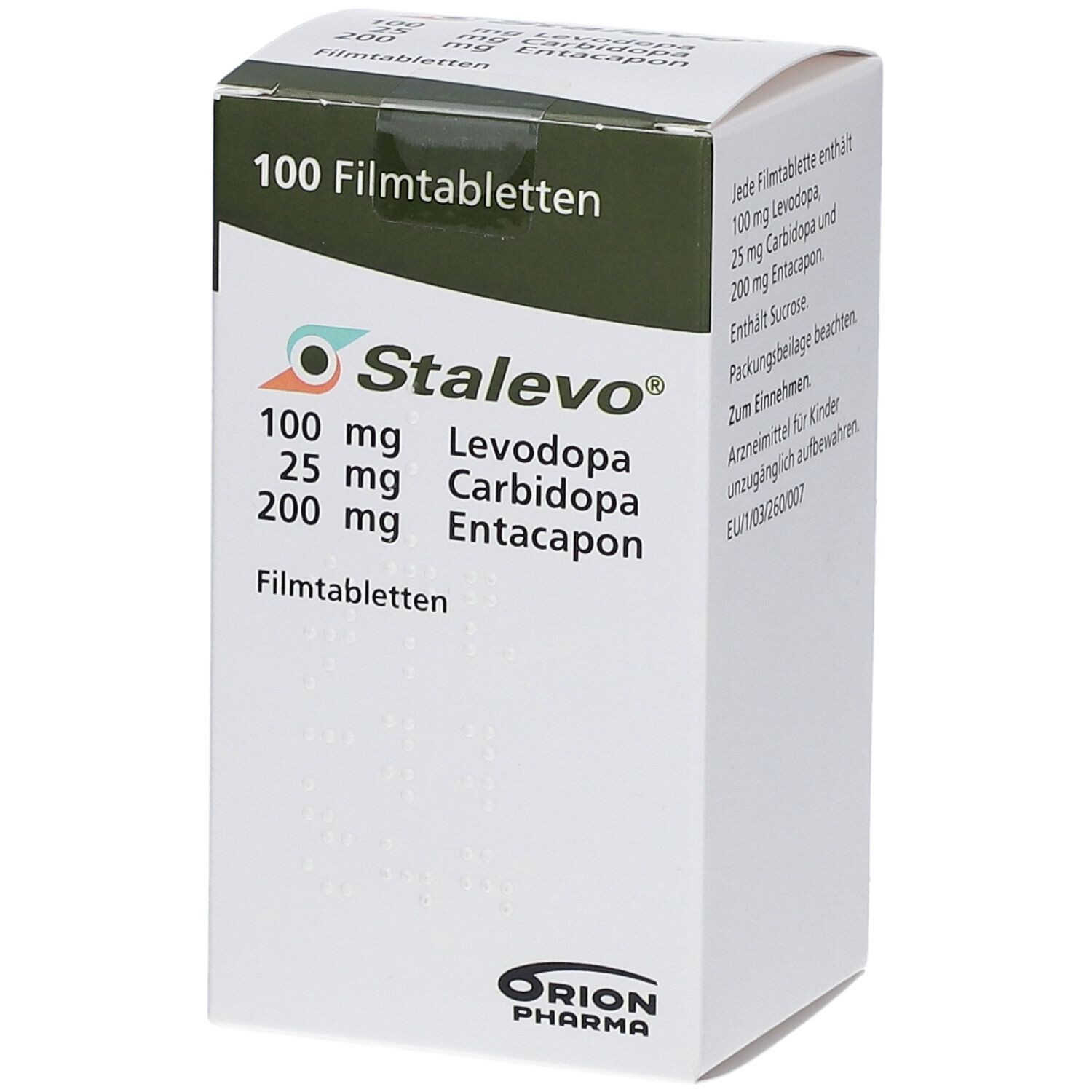 Schachtel mit STALEVO Filmtabletten. Aufschrift: 100 mg Levodopa, 25 mg Carbidopa, 200 mg Entacapon. Orion Pharma Logo.
