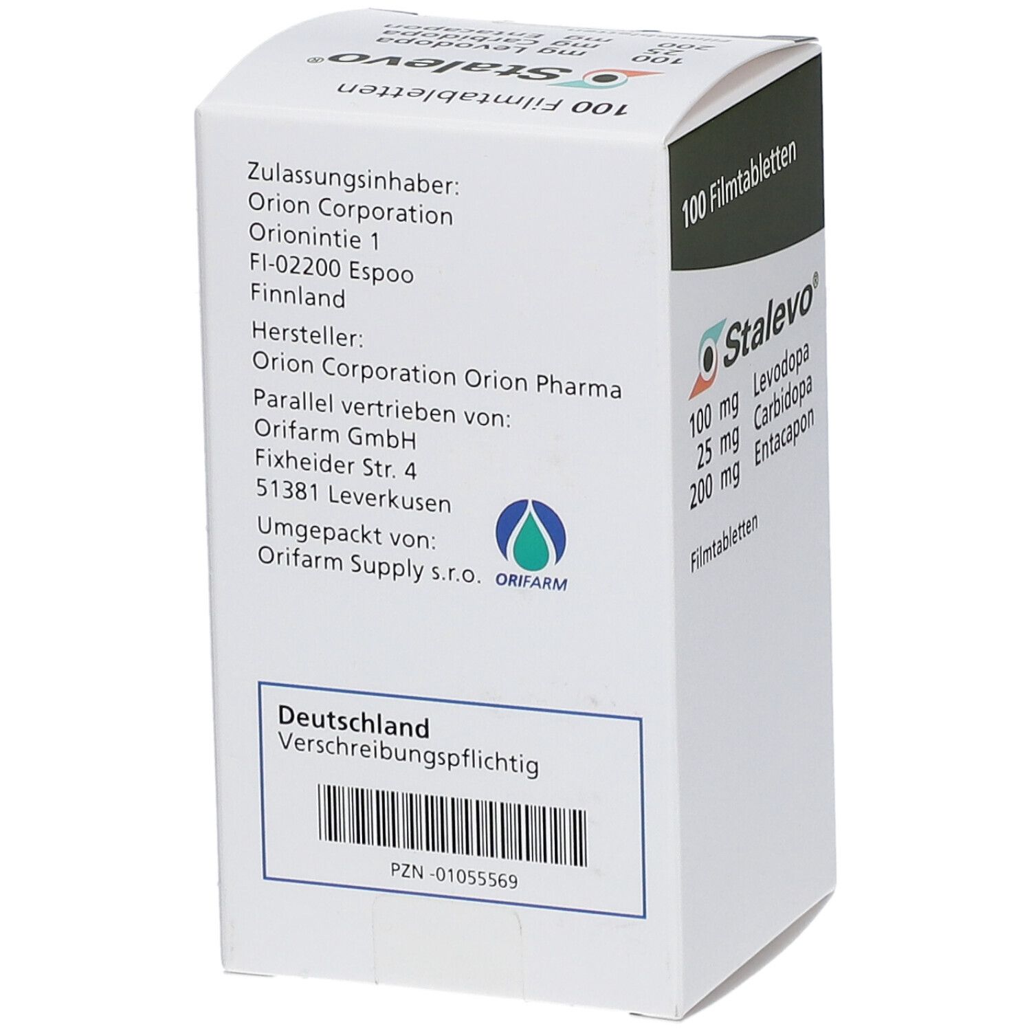 Rückseite der STALEVO-Schachtel. Enthält Informationen zu Hersteller, Inhaltsstoffen und Vertrieb. PZN-Nummer.