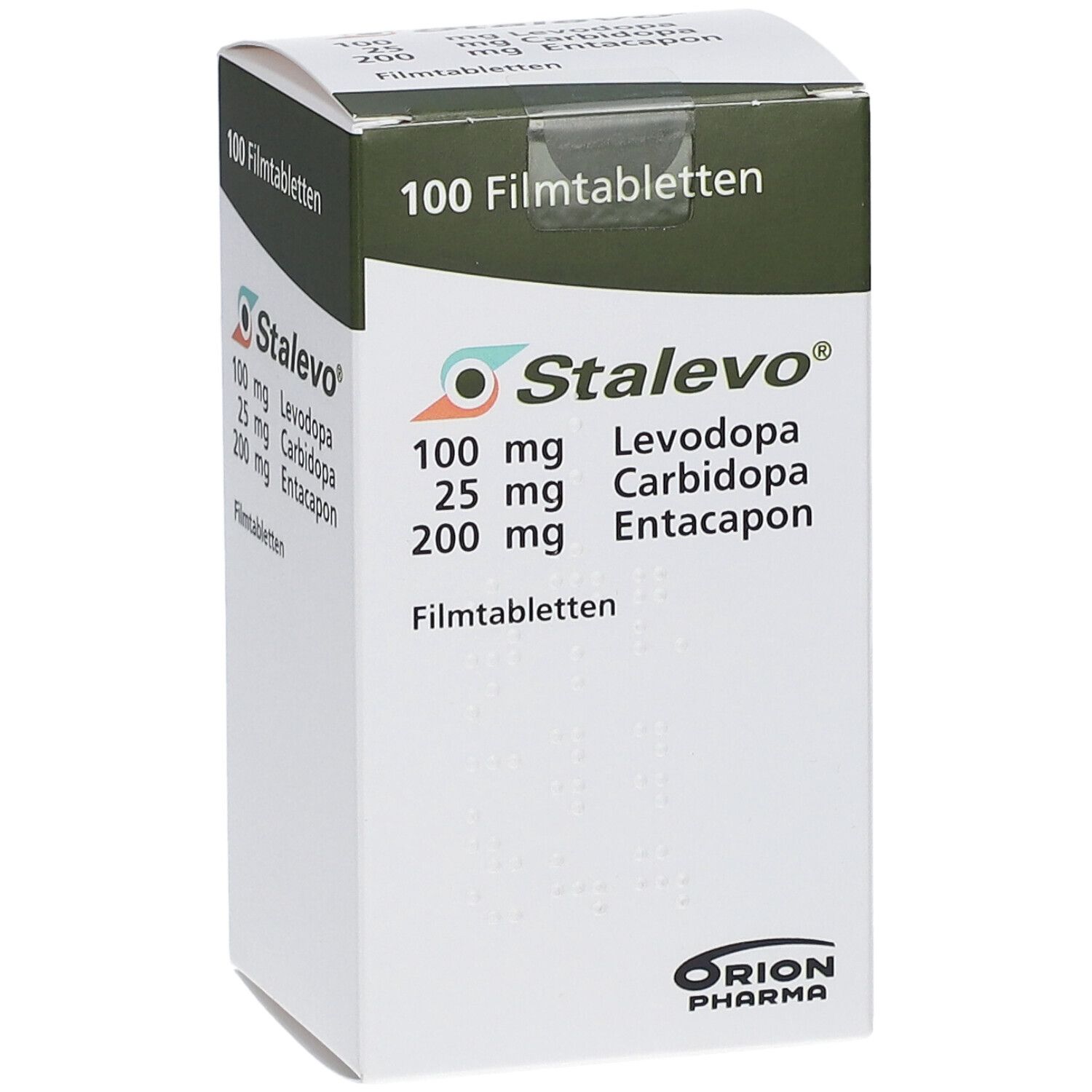 Schachtel mit STALEVO Filmtabletten. Aufschrift: 100 mg Levodopa, 25 mg Carbidopa, 200 mg Entacapon. Orion Pharma Logo.