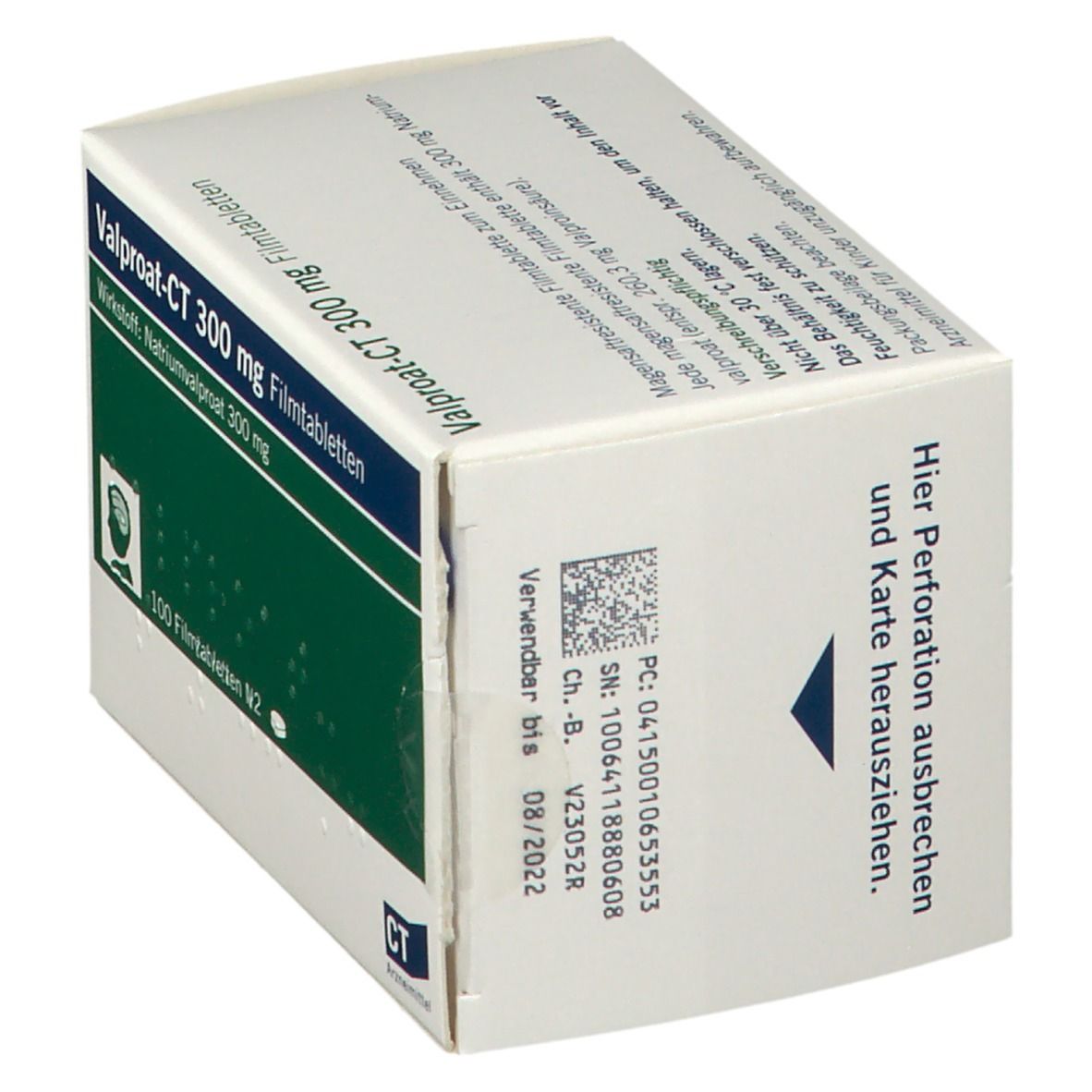 Schachtel mit VALPROAT-CT 300 mg Filmtabletten. Grün-weiße Verpackung. Text: Hier Perforation ausbrechen und Karte herausziehen.