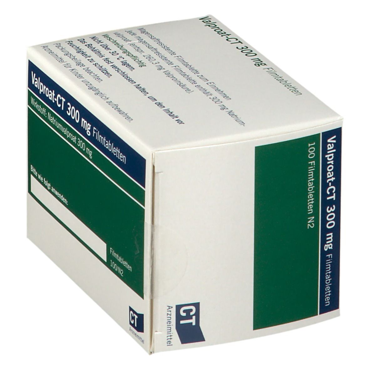 Schachtel mit VALPROAT-CT 300 mg Filmtabletten. Grün-weiße Verpackung. Text: 100 Filmtabletten N2. CT-Logo.