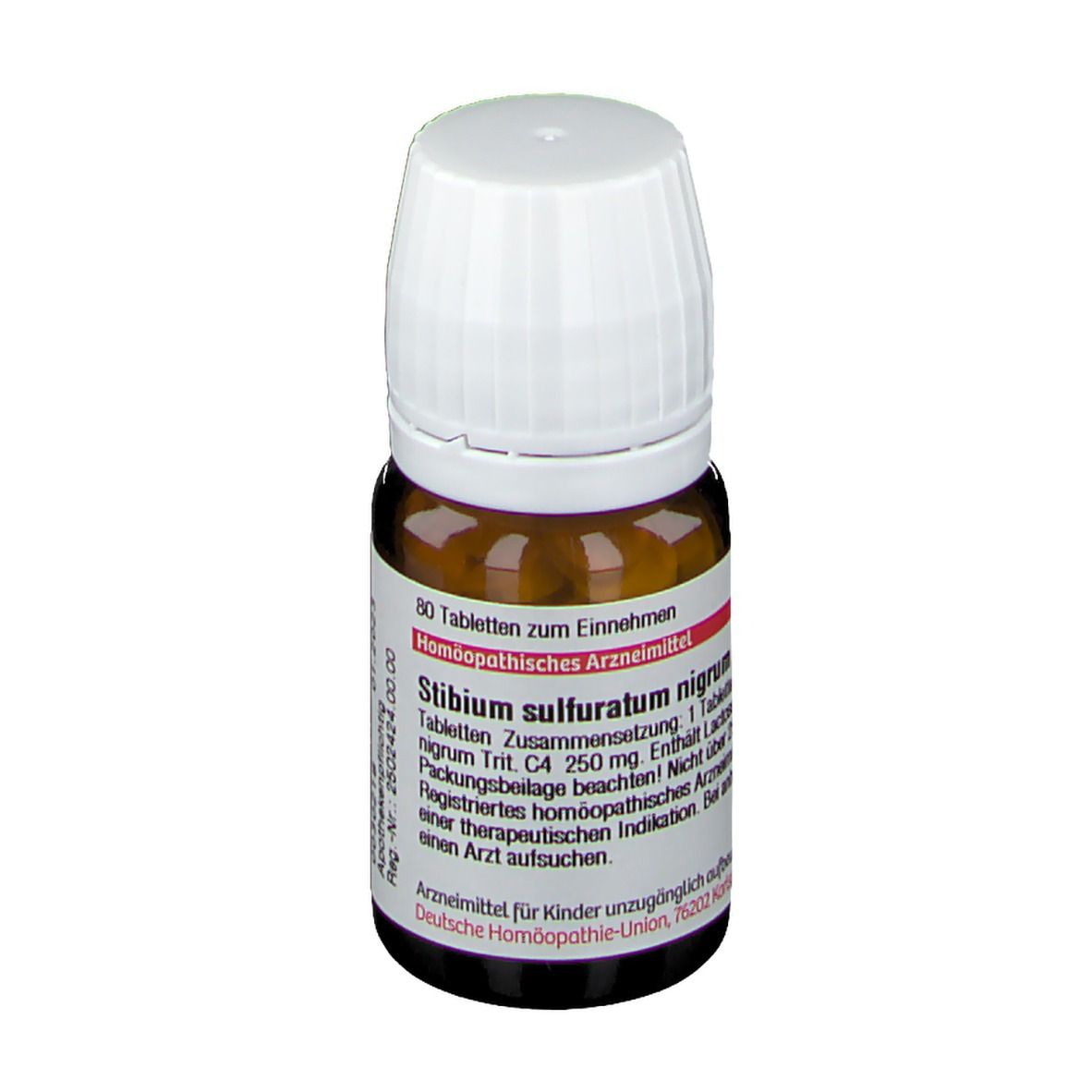 Braune Glasflasche mit weißem Deckel. Etikett mit Produktinformationen. DHU Stibium sulfuratum nigrum C4 Tabletten.