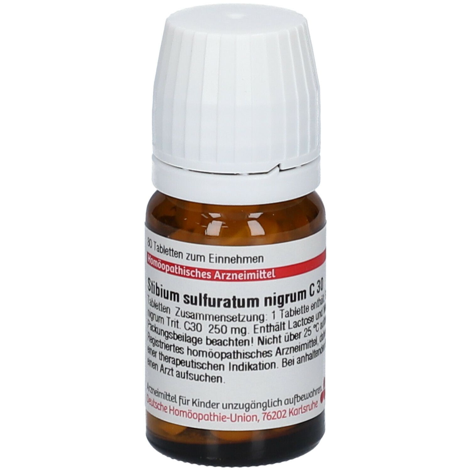Braune Glasflasche mit weißem Deckel. Etikett mit Produktinformationen. Enthält Tabletten.
