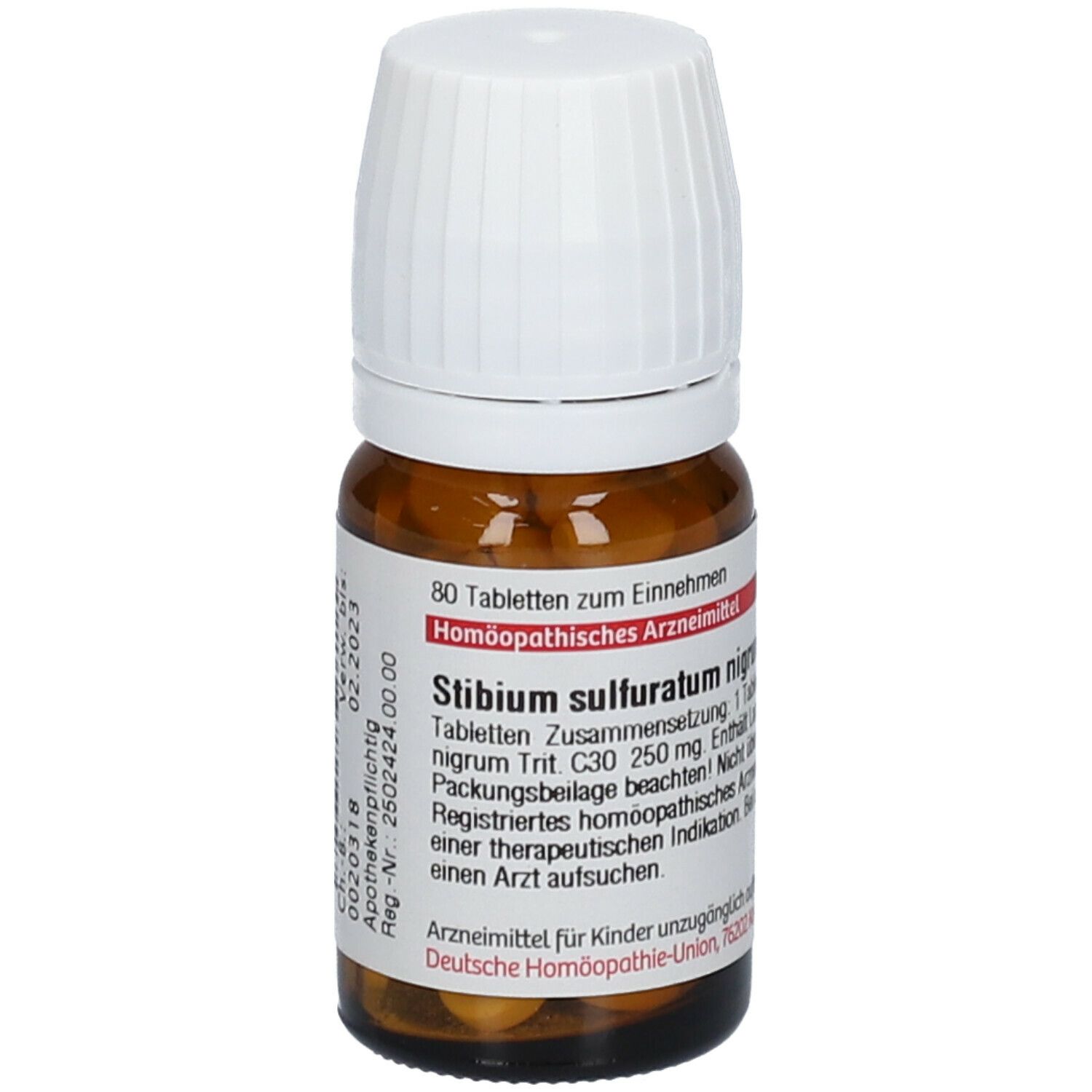 Braune Glasflasche mit weißem Deckel. Etikett mit Produktinformationen und Verfallsdatum. Tabletten.