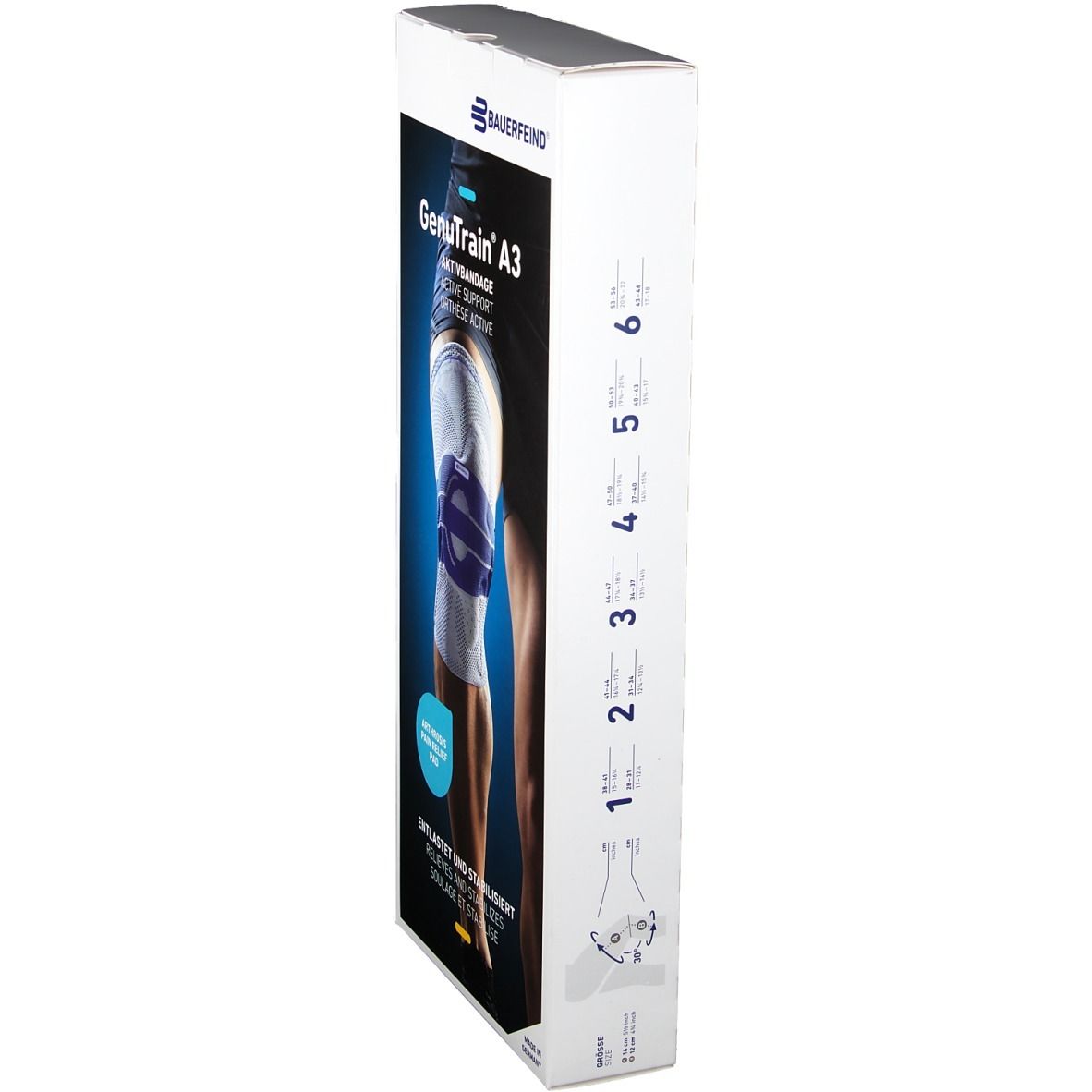 Verpackung der Kniebandage. Marke Bauerfeind. Produktname GenuTrain A3. Seitenansicht mit Größenangaben.