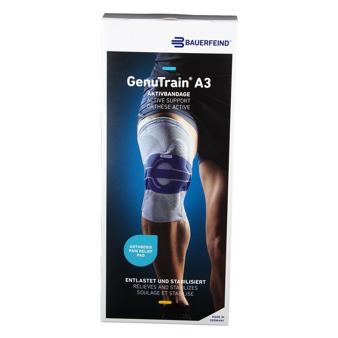 Kniebandage auf Verpackung abgebildet. Marke Bauerfeind. Produktname GenuTrain A3. Aufdruck: Aktivbandage, Active Support, Orthèse Active.