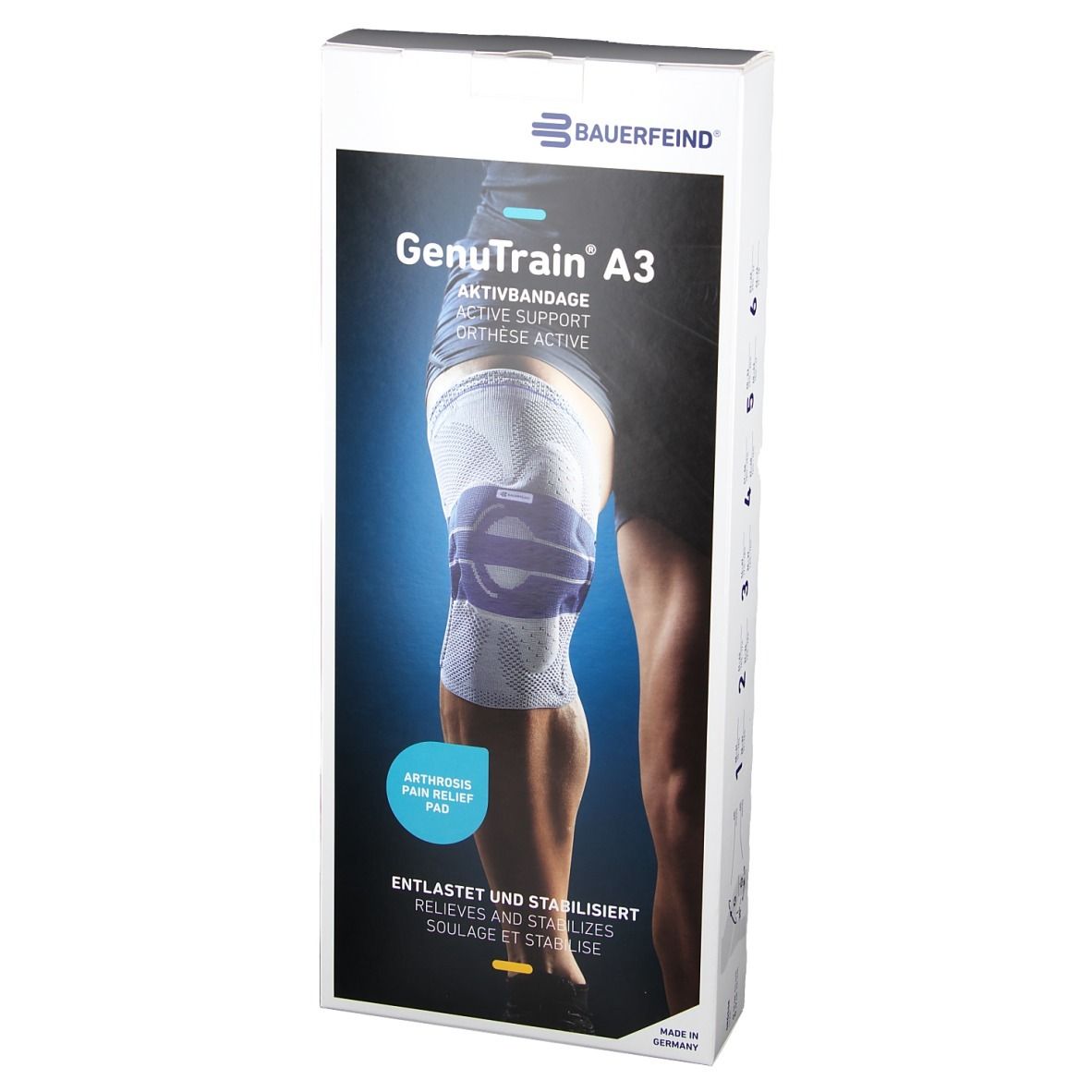 Kniebandage auf Verpackung abgebildet. Marke Bauerfeind. Produktname GenuTrain A3. Aufdruck: Aktivbandage, Active Support, Orthèse Active.