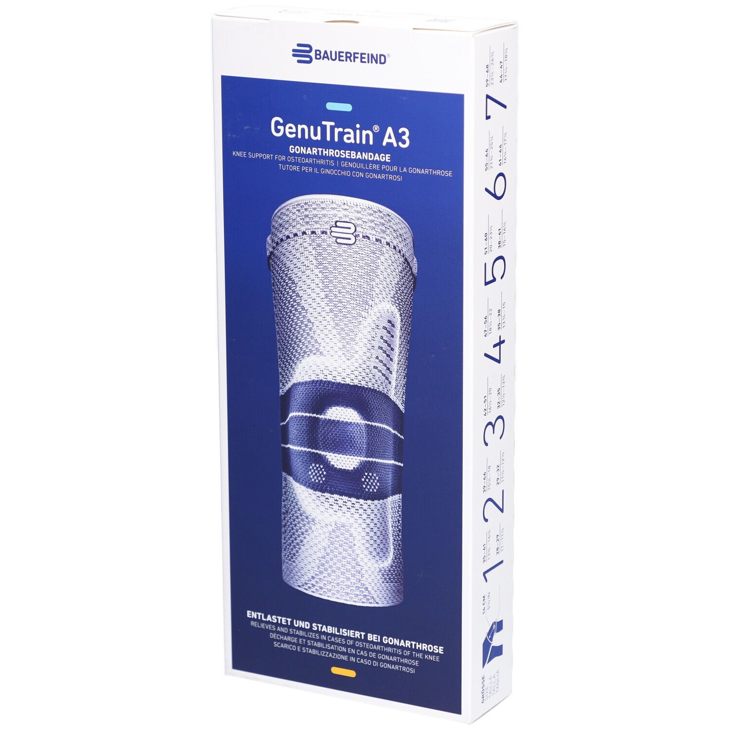 Verpackung der Kniebandage GenuTrain A3. Auf der Vorderseite ist die Bandage abgebildet, mit Größenangaben auf der Seite.