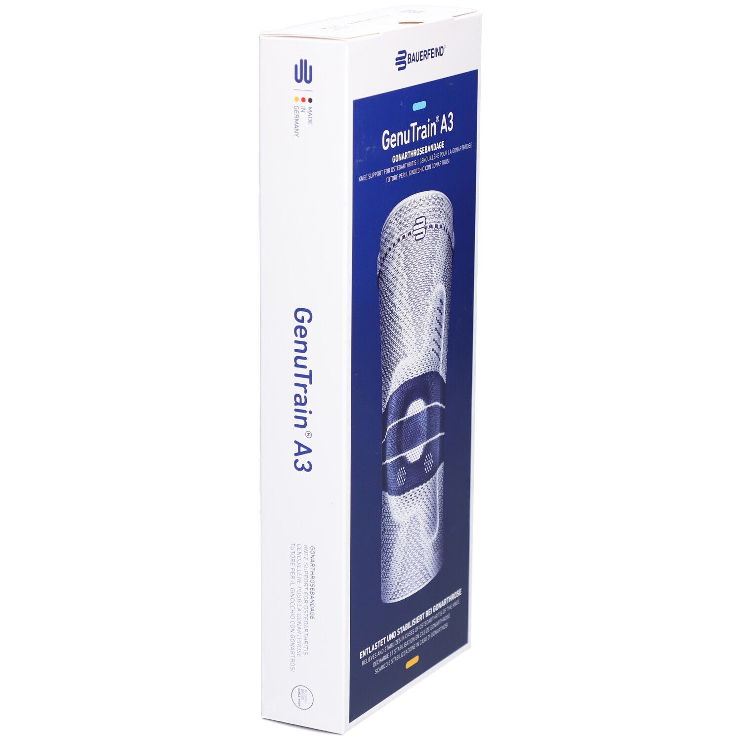 Schmale Verpackung der Kniebandage GenuTrain A3. Die Seite zeigt die Bandage und den Markennamen.
