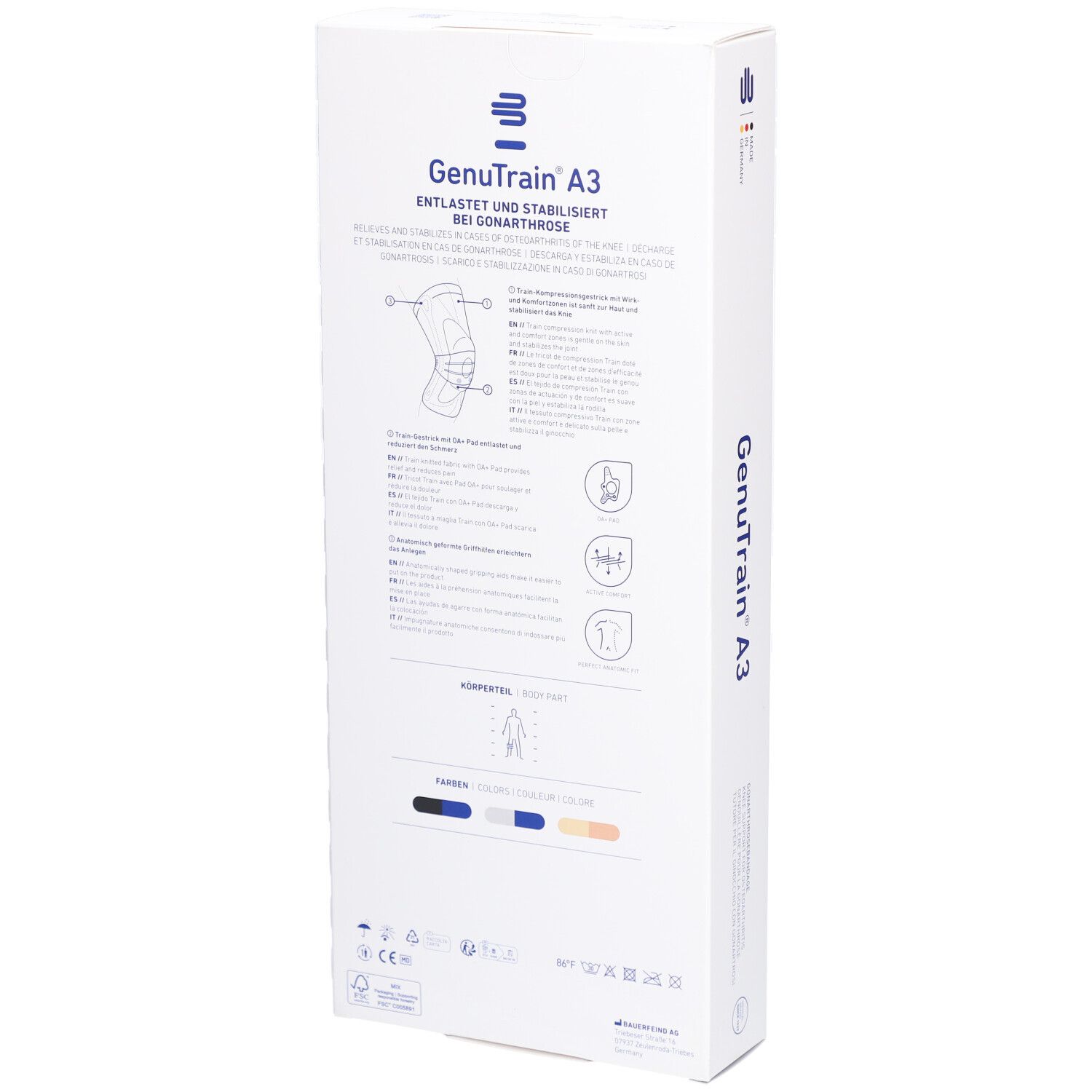 Rückseite der Verpackung der Kniebandage GenuTrain A3. Illustrationen und Textinformationen sind abgebildet.