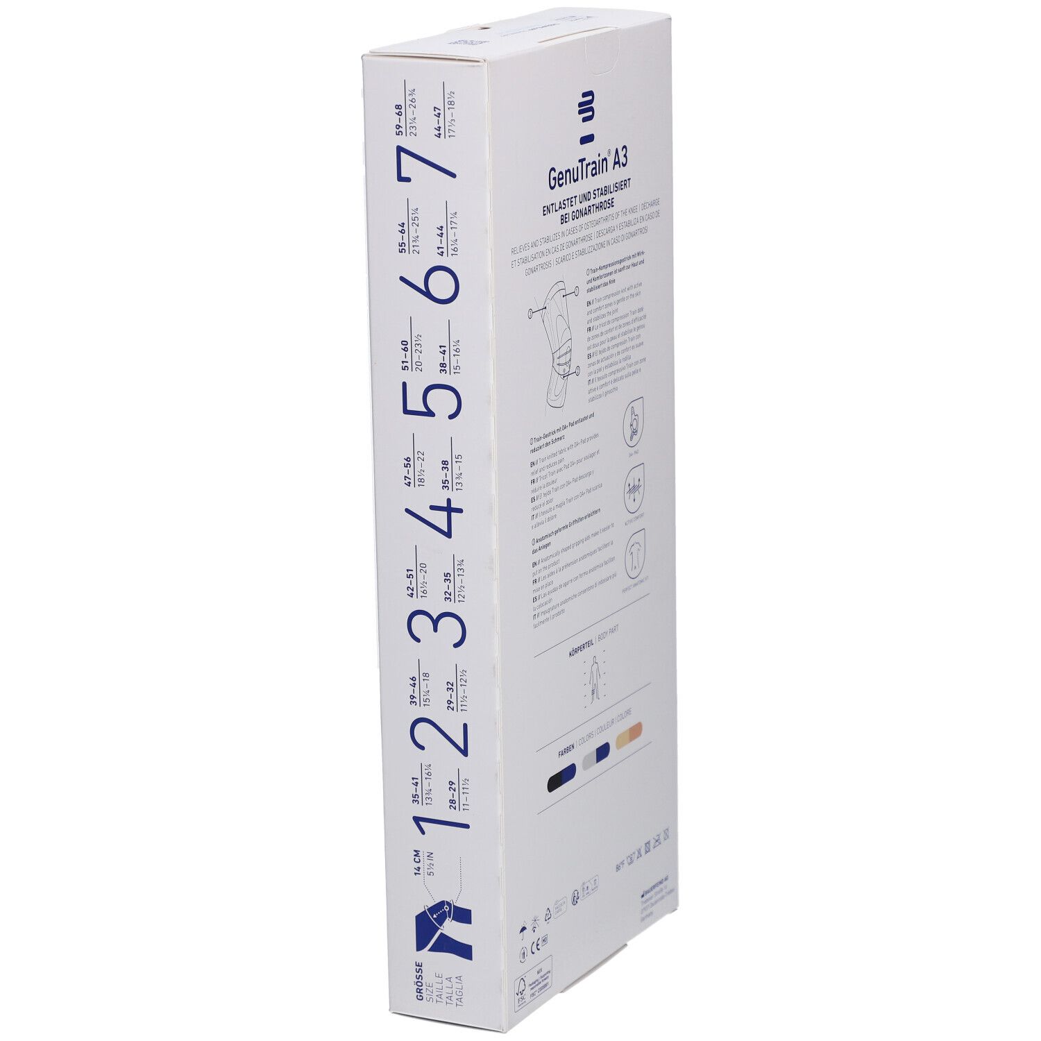 Seite der Verpackung der Kniebandage GenuTrain A3. Größenangaben und Illustrationen sind abgebildet.
