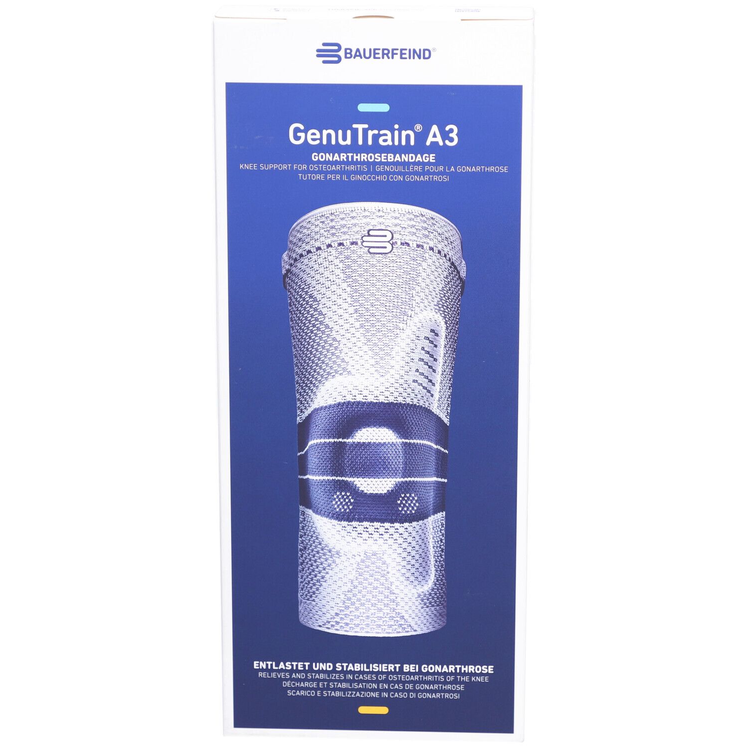 Vorderseite der Verpackung der Kniebandage GenuTrain A3. Die Bandage ist abgebildet, mit Produktinformationen.