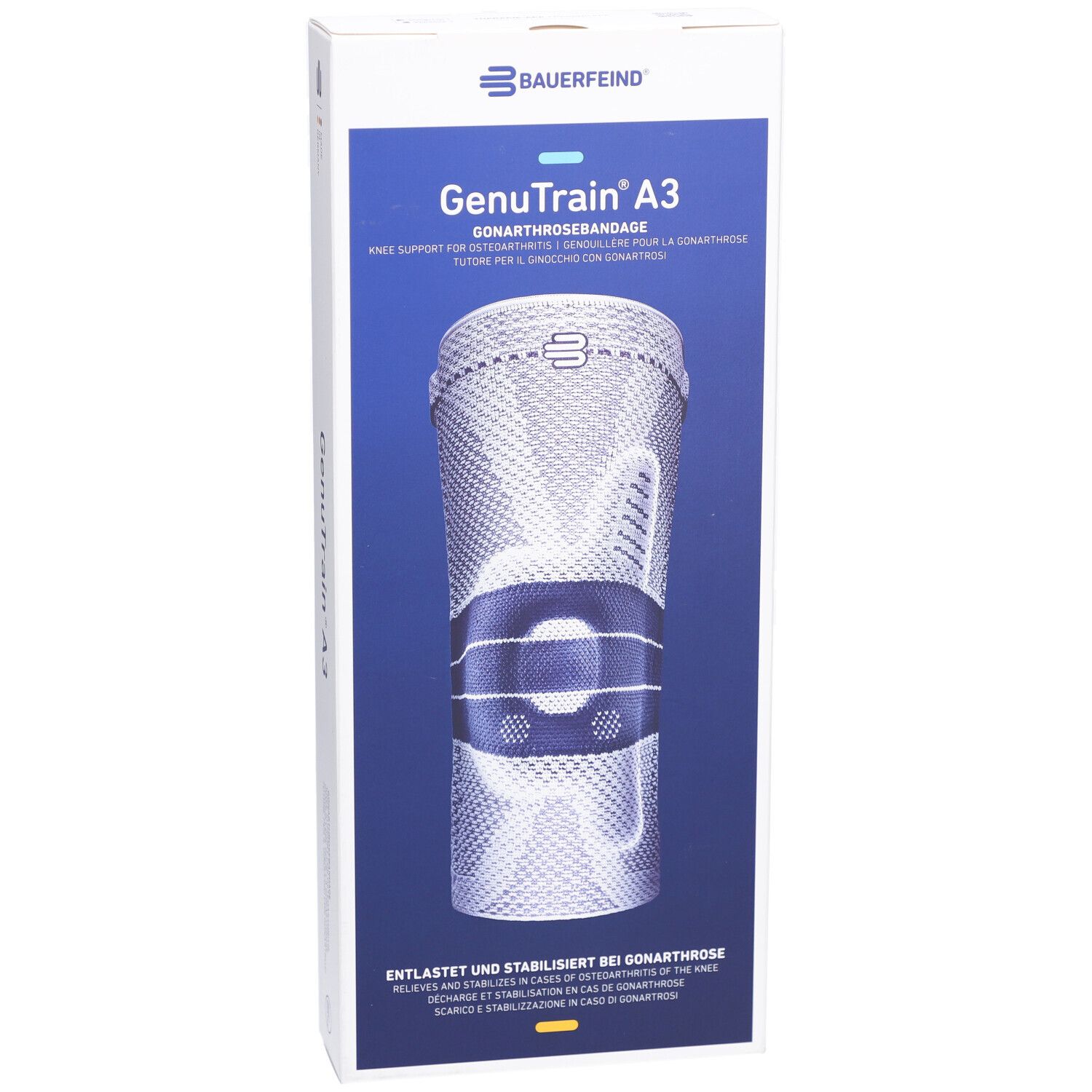 Vorderseite der Verpackung der Kniebandage GenuTrain A3. Die Bandage ist abgebildet, mit Produktinformationen.