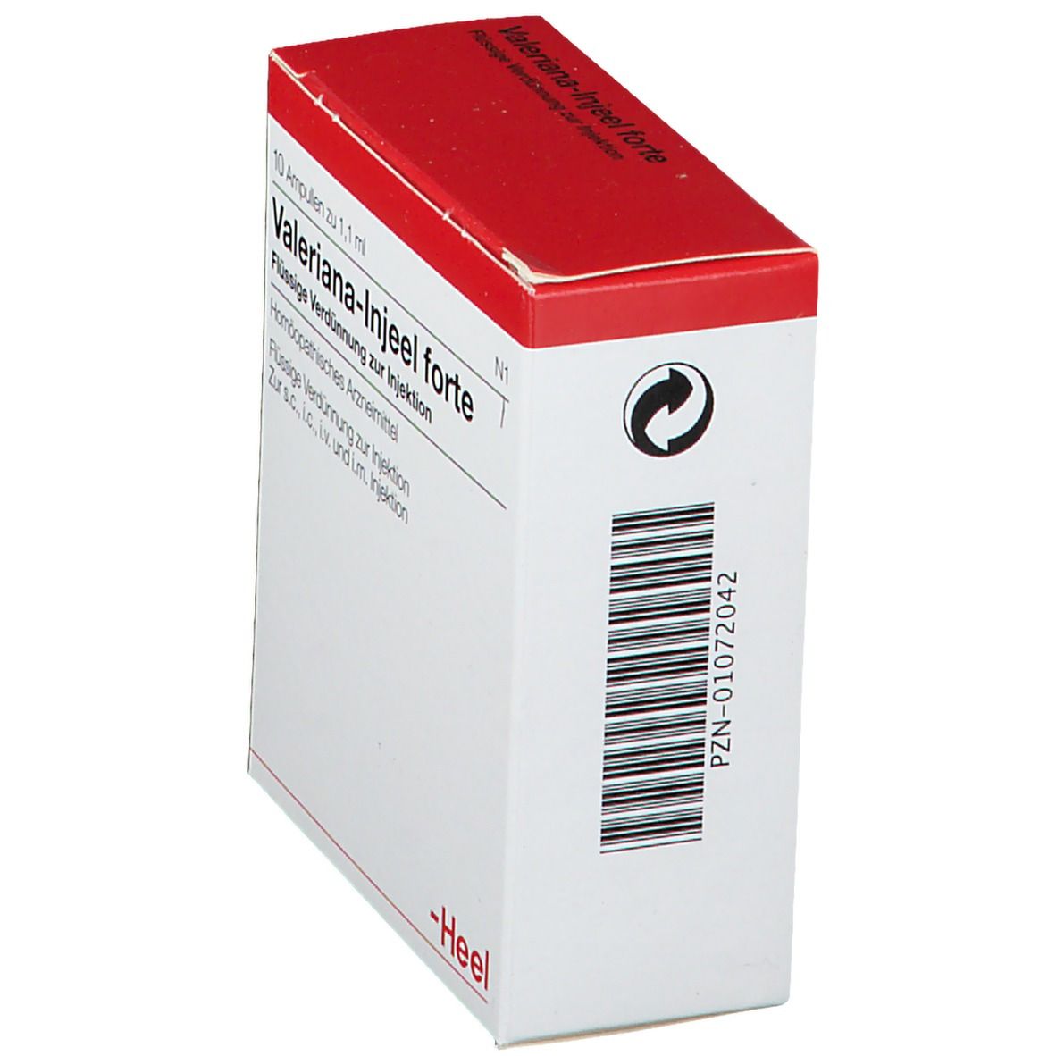 Weißer Karton mit rotem Deckel. Aufschrift: Valeriana-Injeel forte. Barcode und Recycling-Symbol. Marke: Heel.