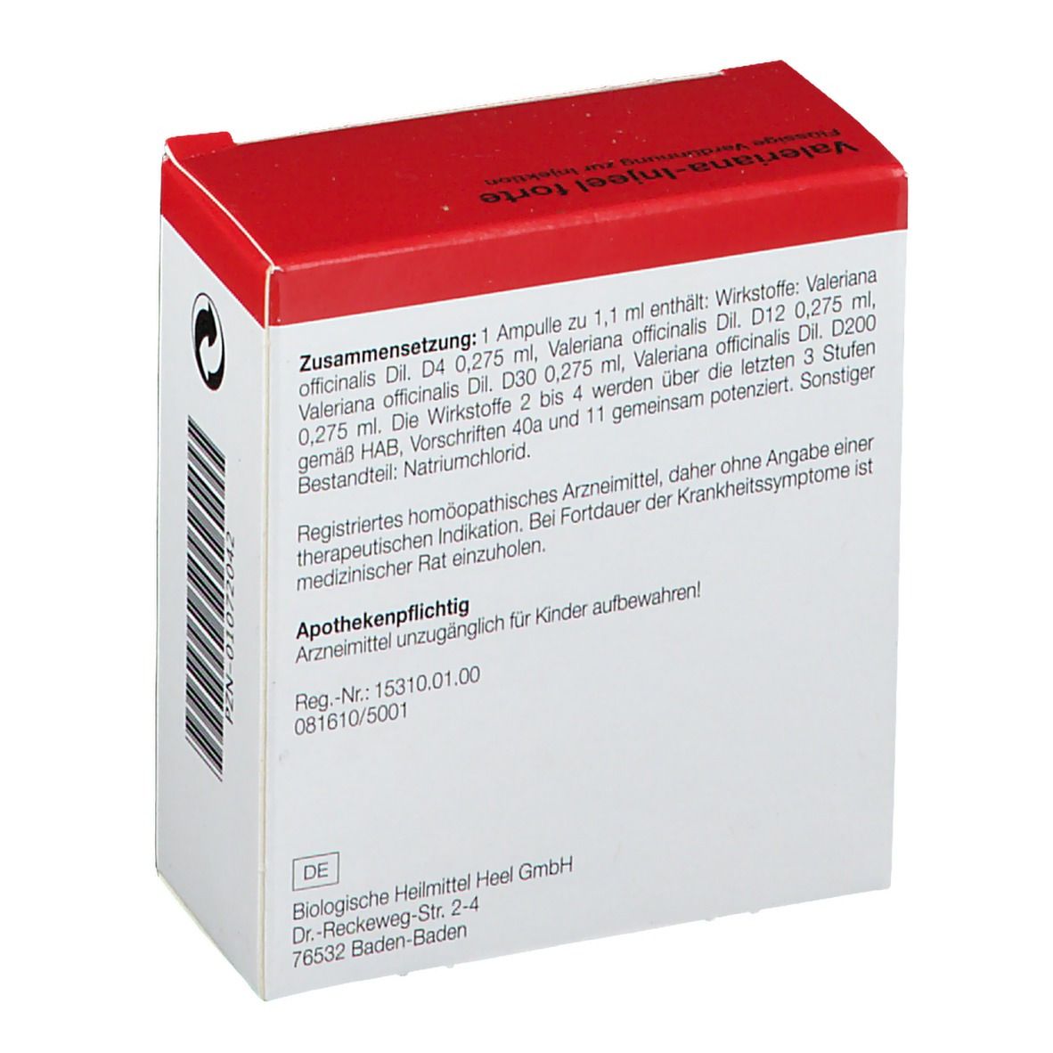 Rückseite eines weißen Kartons mit rotem Deckel. Text: Zusammensetzung, Apothekenpflichtig. Marke: Heel.