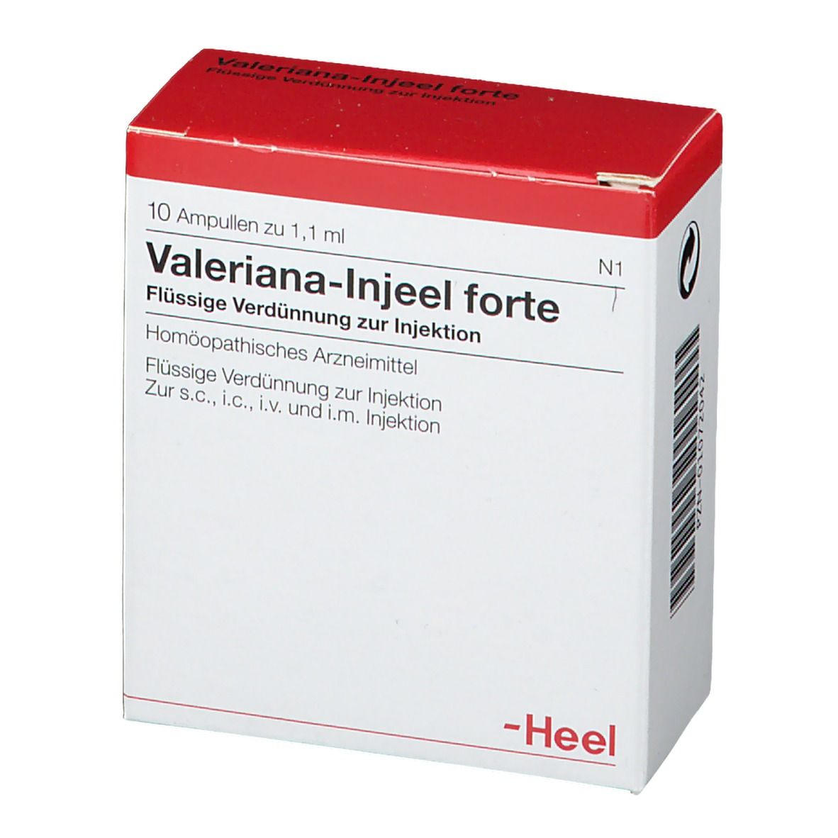 Weißer Karton mit rotem Deckel. Aufschrift: Valeriana-Injeel forte, 10 Ampullen. Marke: Heel.
