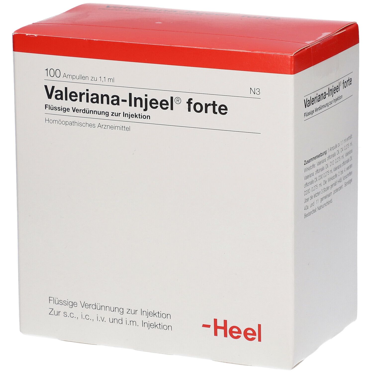 Weiße Schachtel mit rotem Deckel. Aufschrift: Valeriana-Injeel forte, 100 Ampullen. Marke: Heel. Homöopathisches Arzneimittel.
