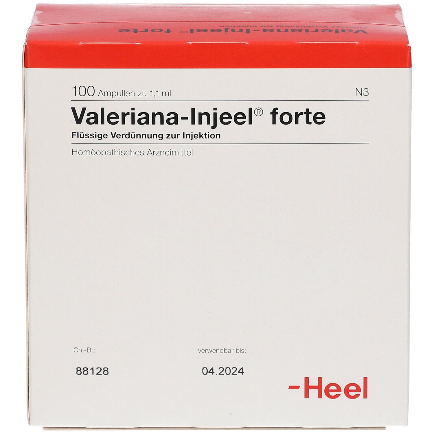 Weiße Schachtel mit rotem Deckel. Aufschrift: Valeriana-Injeel forte, 100 Ampullen. Marke: Heel. Verfallsdatum 04.2024.