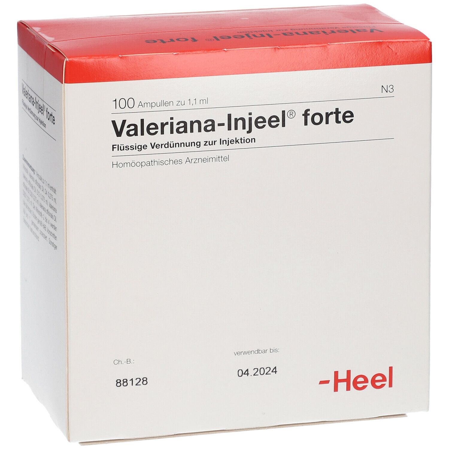Weiße Schachtel mit rotem Deckel. Aufschrift: Valeriana-Injeel forte, 100 Ampullen. Marke: Heel. Text und Barcode.