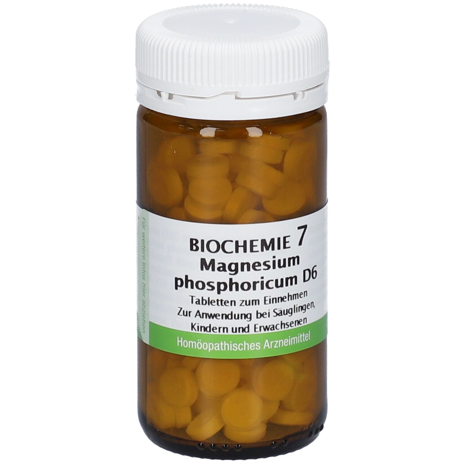 Braune Glasflasche mit Tabletten. Aufkleber mit Produktinformationen. Weißer Deckel. Logo und Name: Bombastus.