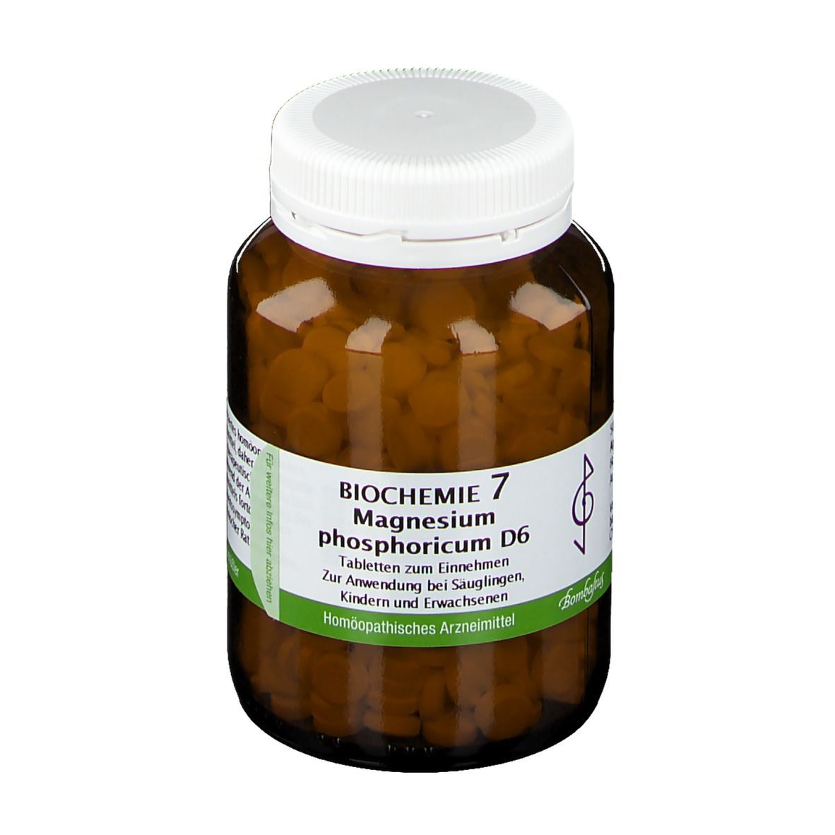 Braune Glasflasche mit weißen Deckel. Enthält Tabletten. Aufschrift: Biochemie 7 Magnesium phosphoricum D6.