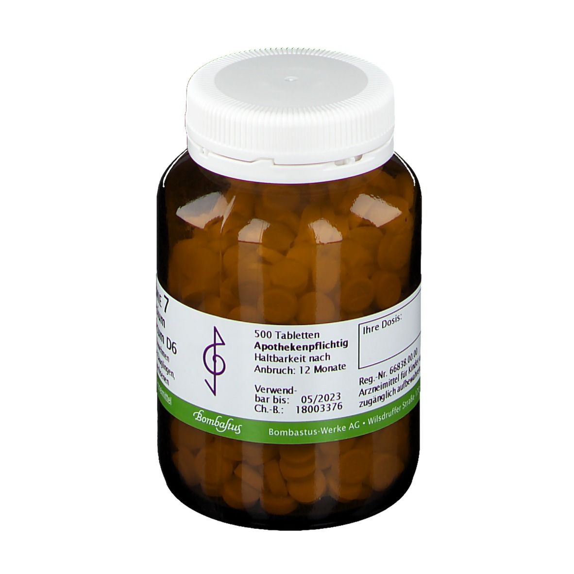 Braune Glasflasche mit weißen Deckel. Enthält Tabletten. Aufschrift: Biochemie 7 Magnesium phosphoricum D6. 500 Tabletten.