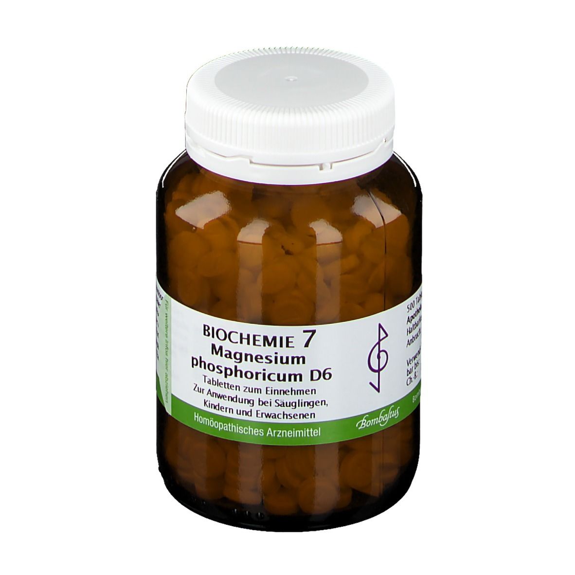 Braune Glasflasche mit weißen Deckel. Enthält Tabletten. Aufschrift: Biochemie 7 Magnesium phosphoricum D6. Homöopathisches Arzneimittel.
