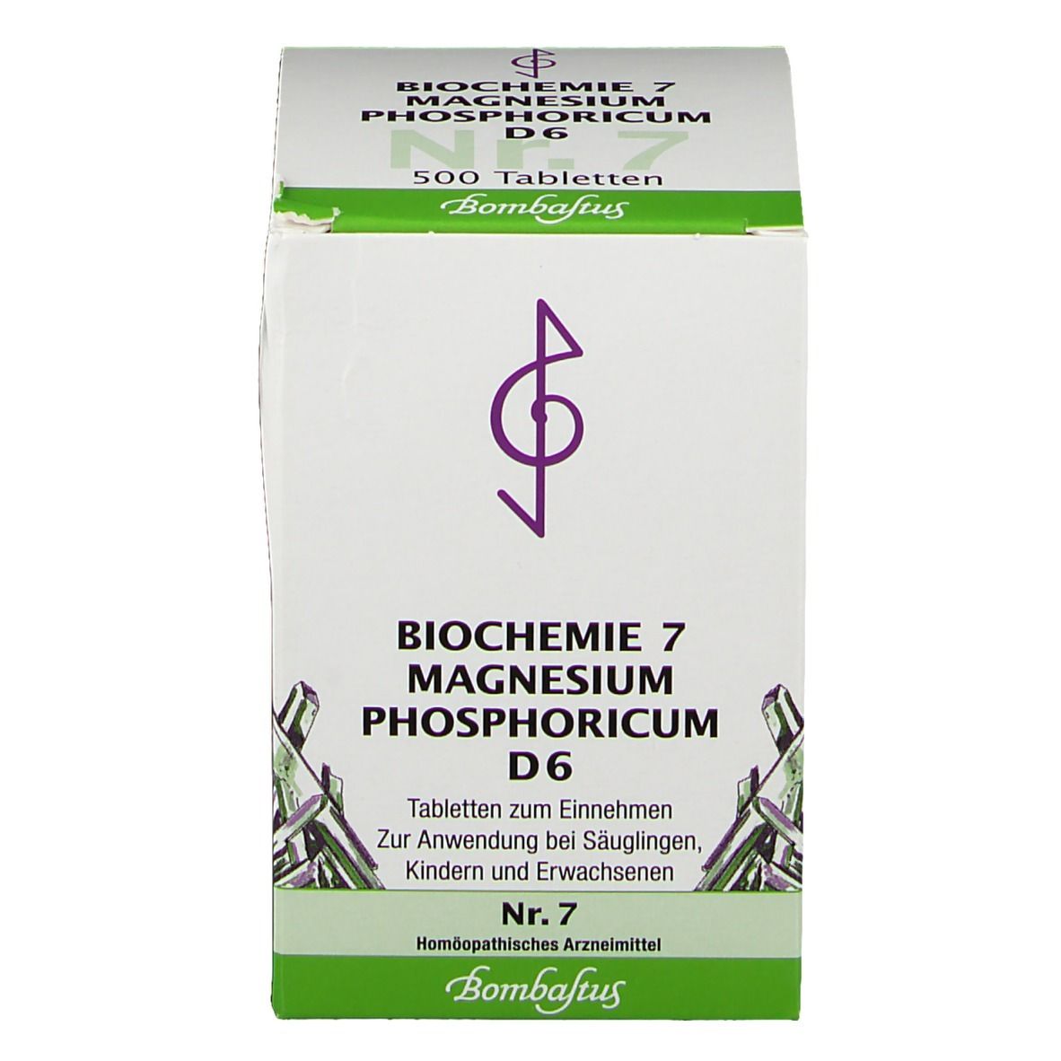 Weiße Schachtel. Aufschrift: Biochemie 7 Magnesium phosphoricum D6. 500 Tabletten. Homöopathisches Arzneimittel.
