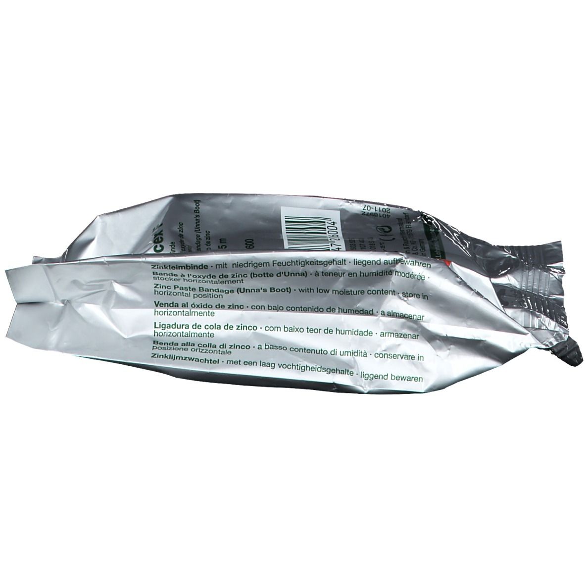 Varicex F, Zinkleimbinde in silberner Verpackung. Produktinformationen und Text in mehreren Sprachen.