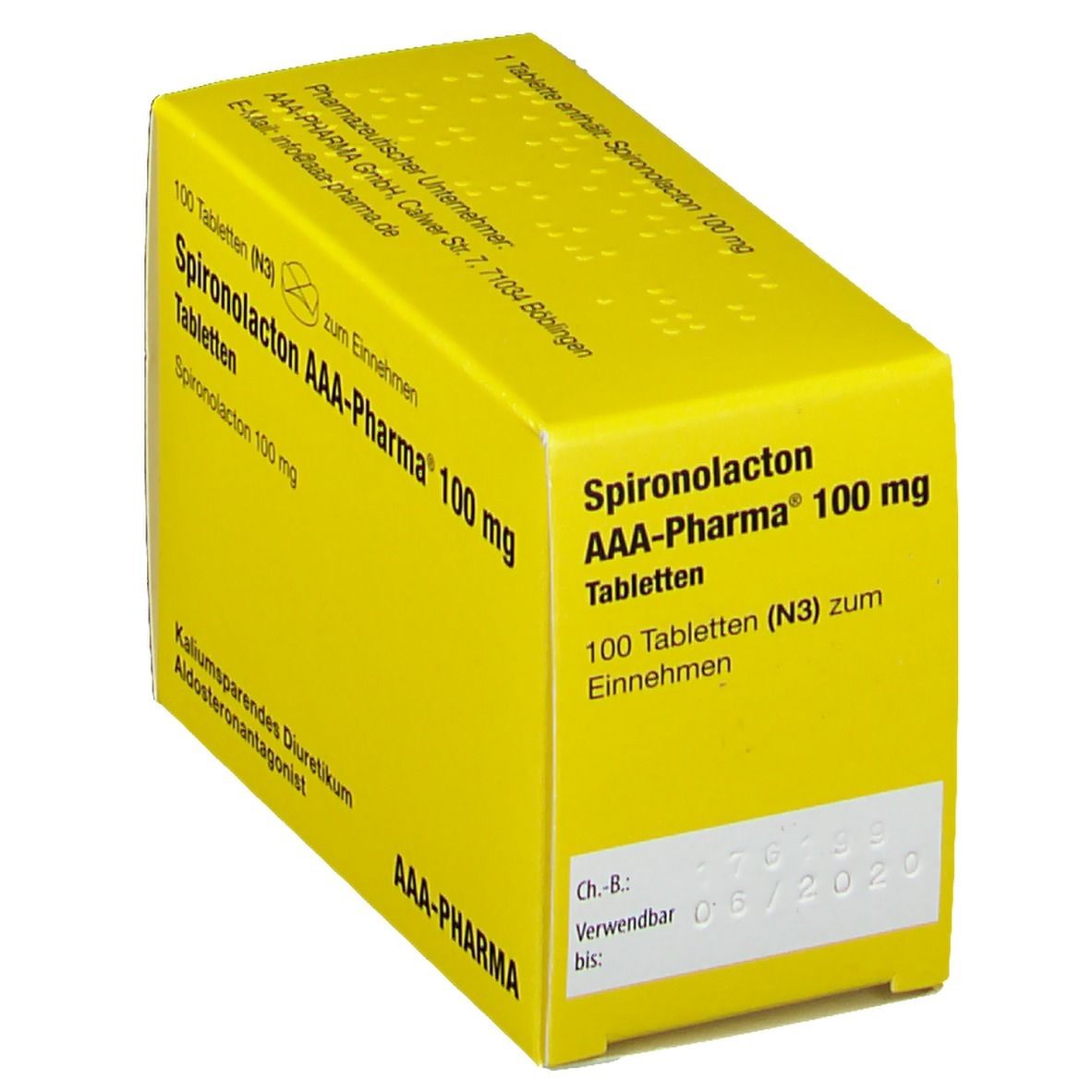 Gelbe Schachtel mit 'Spironolacton AAA-Pharma 100 mg'. Enthält 100 Tabletten. Verfallsdatum 06/2020. Marke AAA-Pharma.