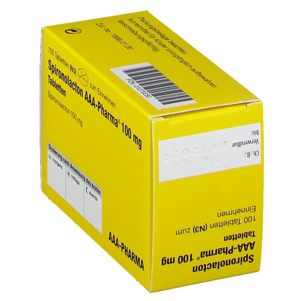 Gelbe Schachtel mit 'Spironolacton AAA-Pharma 100 mg'. Enthält 100 Tabletten. Verfallsdatum 06/2020. Marke AAA-Pharma.