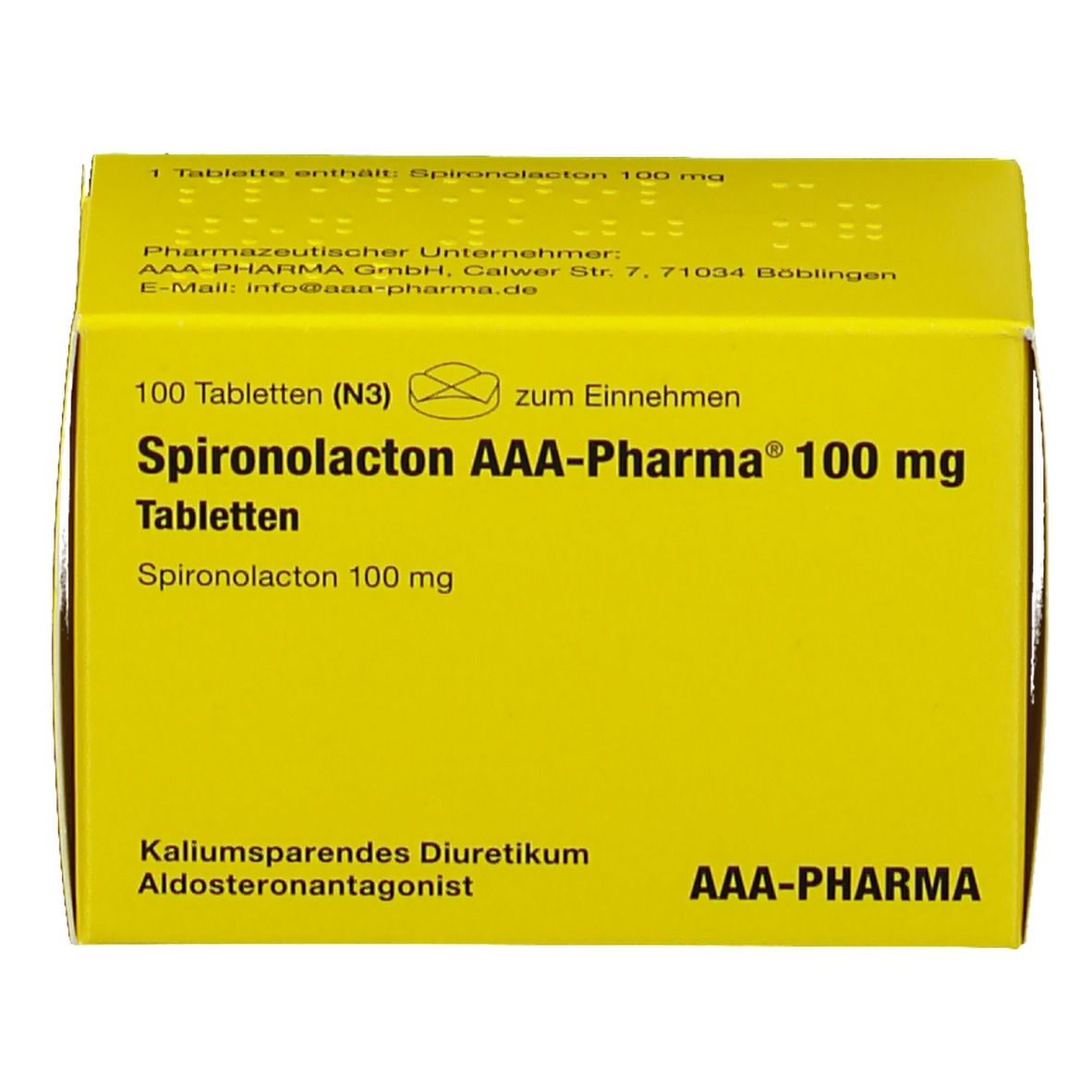 Gelbe Schachtel mit 'Spironolacton AAA-Pharma 100 mg'. Enthält 100 Tabletten. Marke AAA-Pharma. Diuretikum.