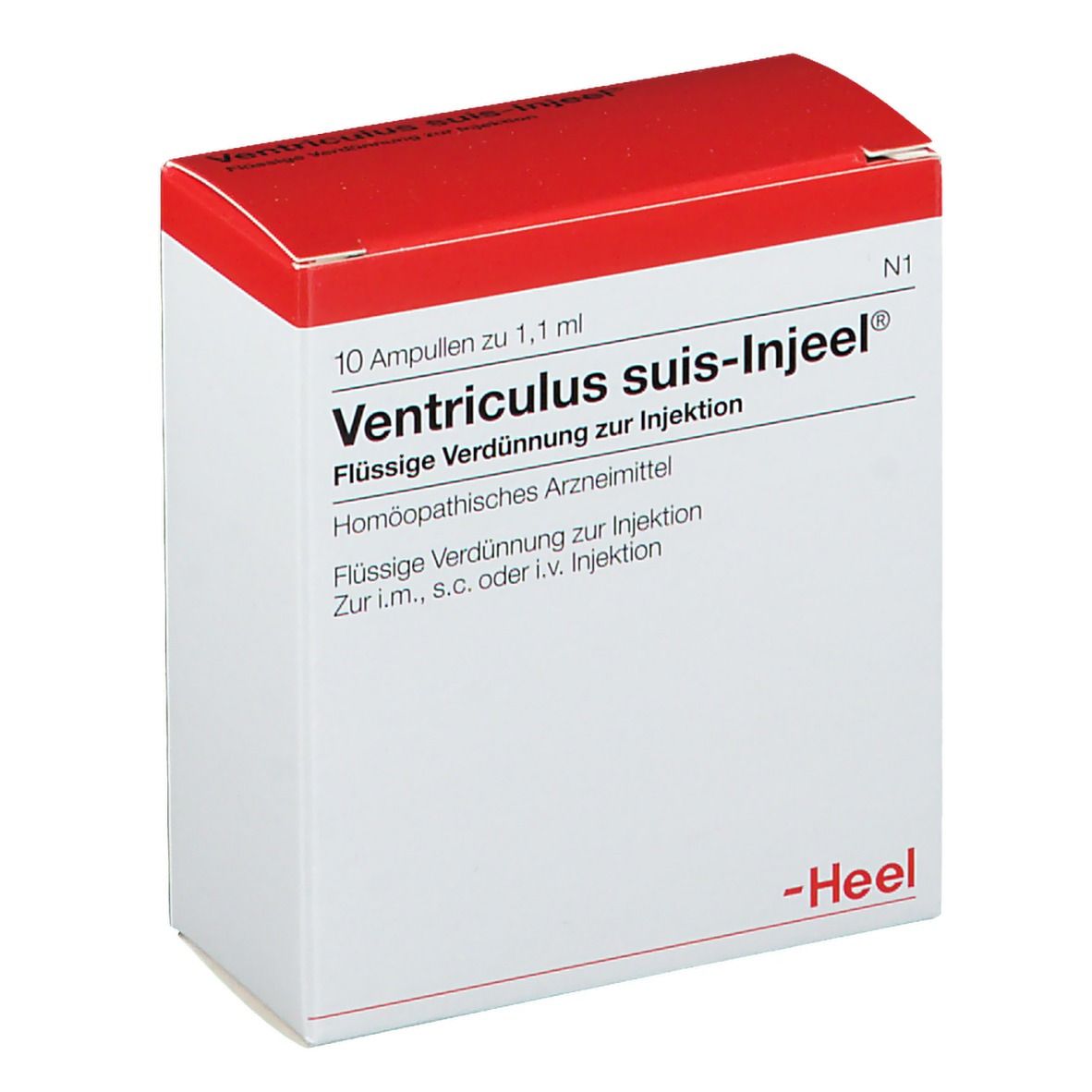 Karton mit rotem Deckel. Beschriftung: Ventriculus suis-Injeel®, 10 Ampullen. Marke: Heel.