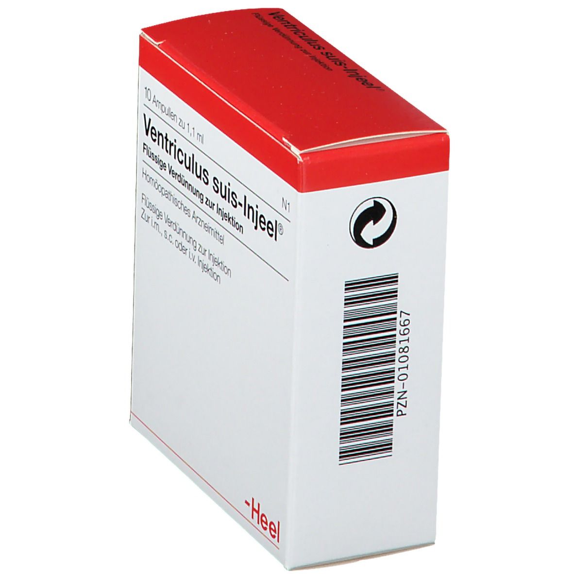 Karton, weiß mit rotem Deckel. Beschriftung: Ventriculus suis-Injeel®. Barcode und PZN-Nummer.