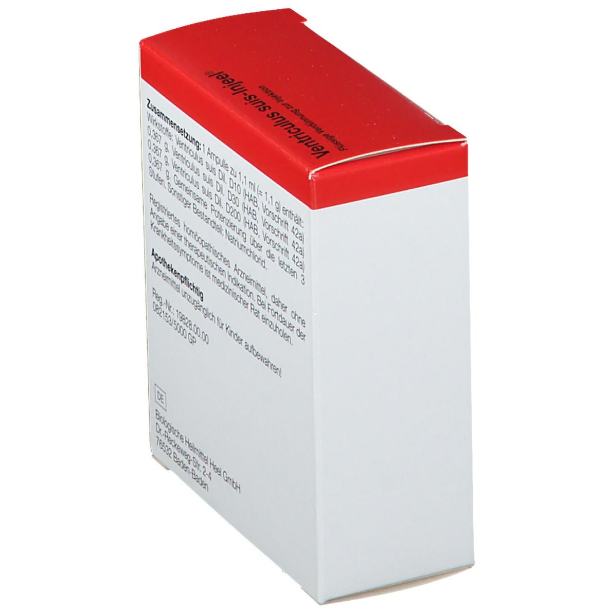 Karton, weiß mit rotem Deckel. Text: Zusammensetzung, homöopathisches Arzneimittel. Adresse: Heel.