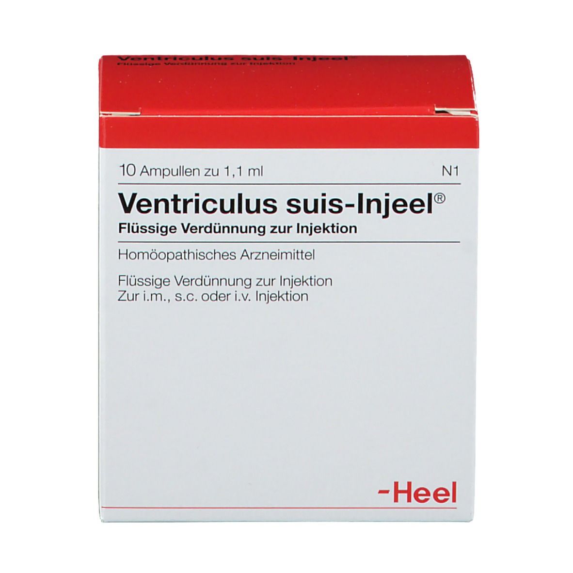 Karton mit rotem Deckel. Beschriftung: Ventriculus suis-Injeel®, 10 Ampullen. Marke: Heel.