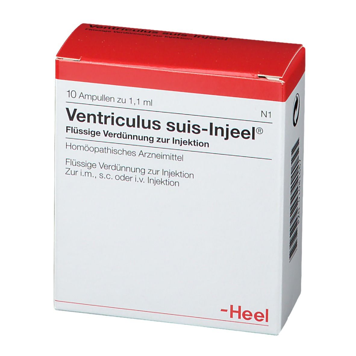 Karton mit rotem Deckel. Beschriftung: Ventriculus suis-Injeel®, 10 Ampullen. Marke: Heel.