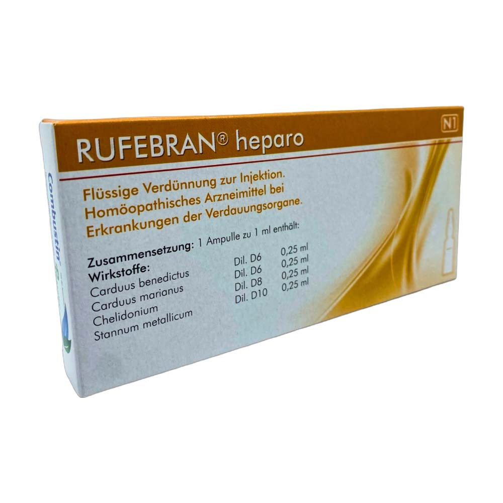 Karton mit RUFEBRAN® heparo Ampullen. Aufschrift: Flüssige Verdünnung zur Injektion. Homöopathisches Arzneimittel. Wirkstoffe und Zusammensetzung.