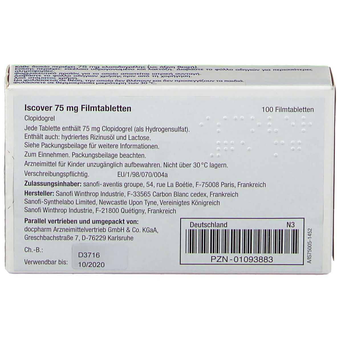 Weiße Arzneimittelverpackung mit Aufschrift "Iscover 75 mg Filmtabletten". Enthält 100 Tabletten. Text in Deutsch.